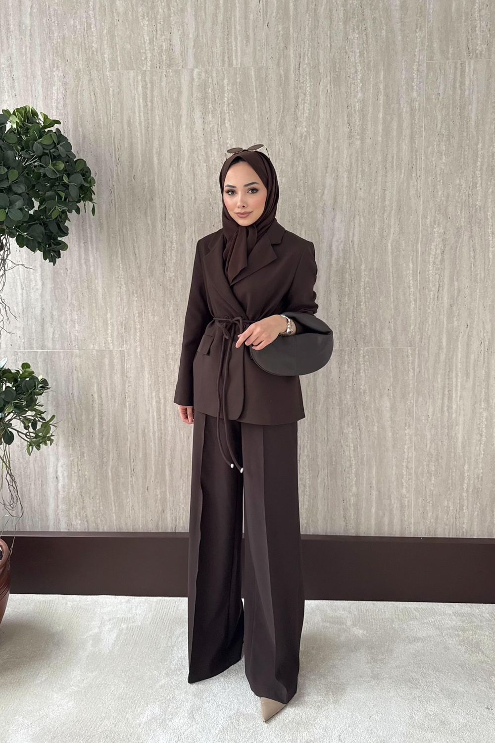 Kruvaze Yaka Blazer Ceketli Takım - Kahve