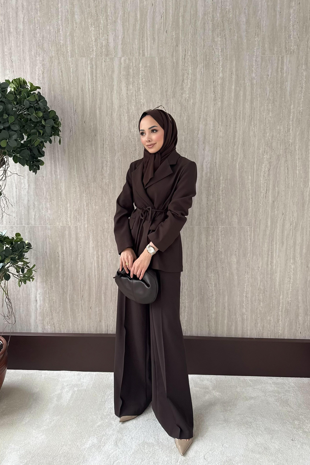 Kruvaze Yaka Blazer Ceketli Takım - Kahve