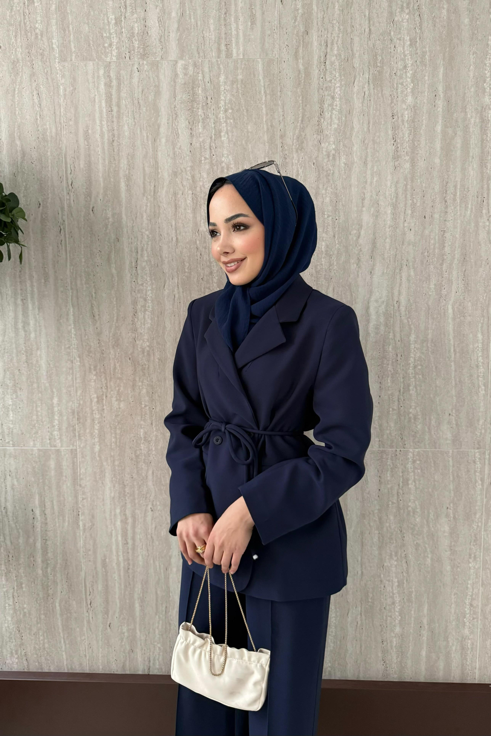Kruvaze Yaka Blazer Ceketli Takım - Lacivert