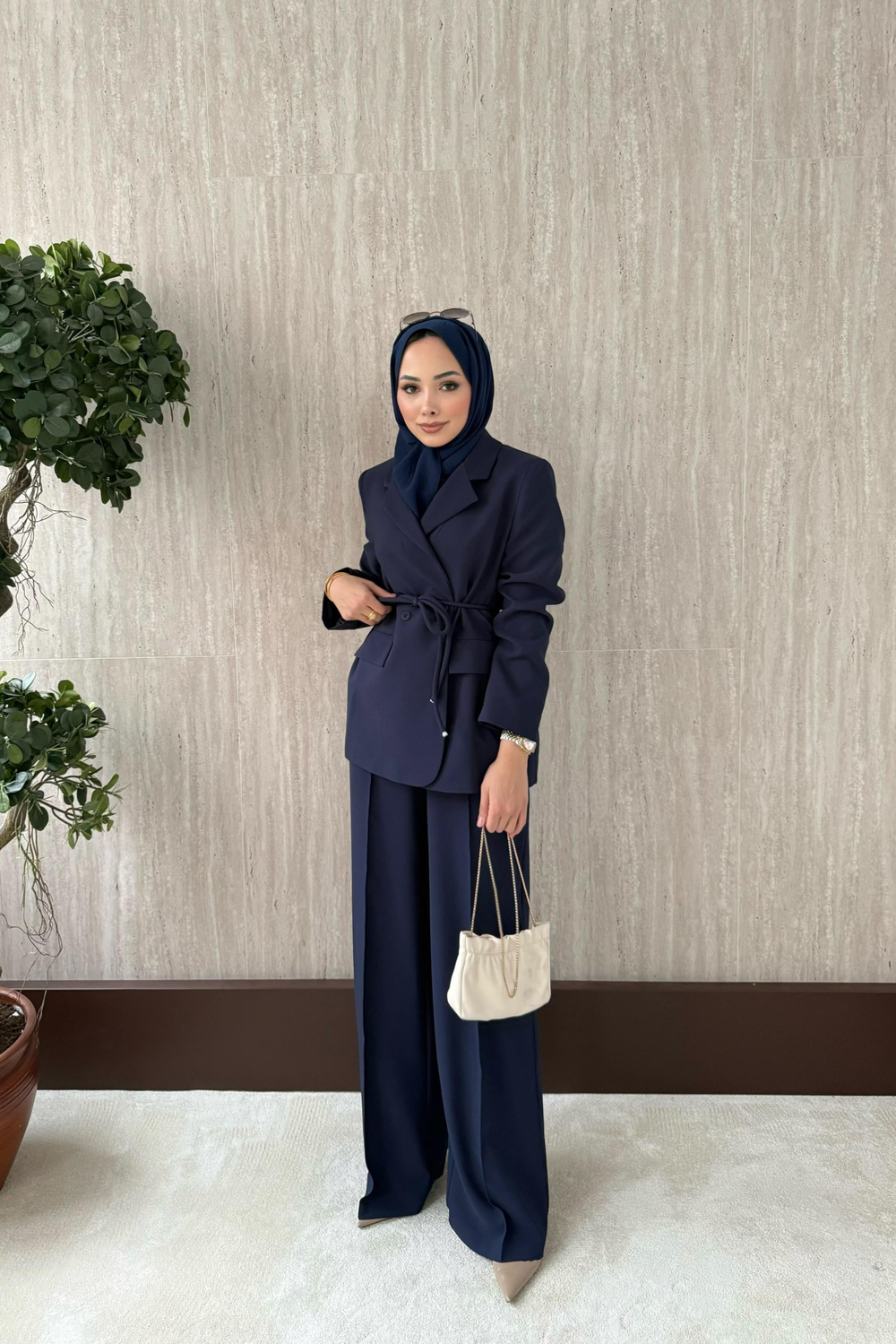 Kruvaze Yaka Blazer Ceketli Takım - Lacivert