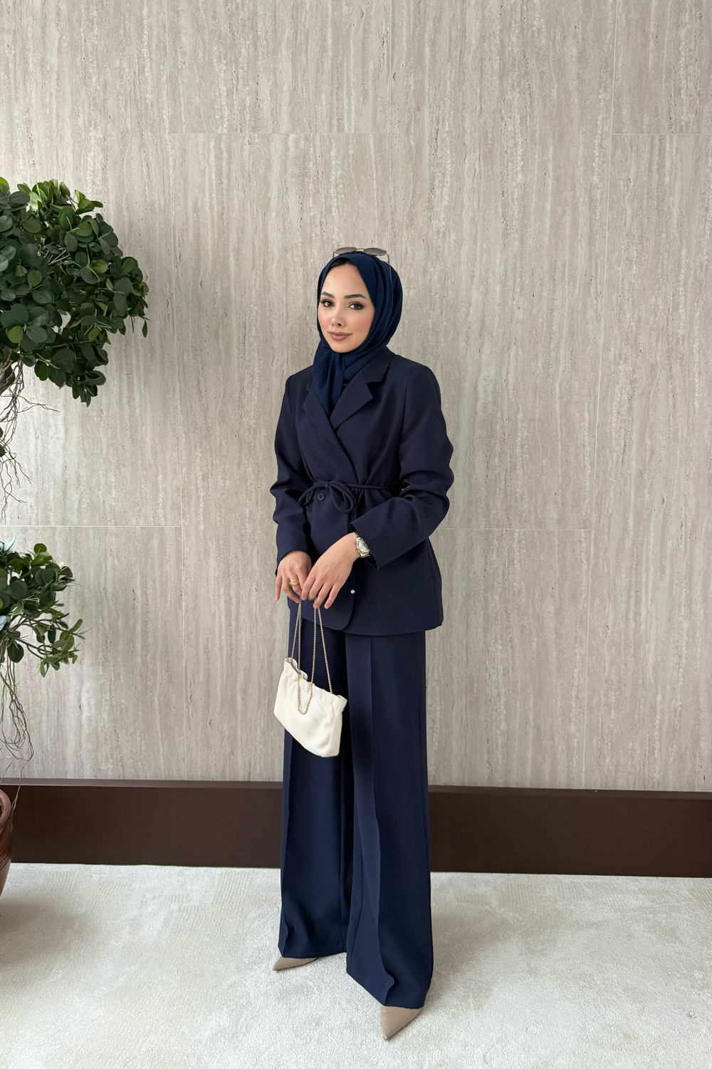 Kruvaze Yaka Blazer Ceketli Takım - Lacivert