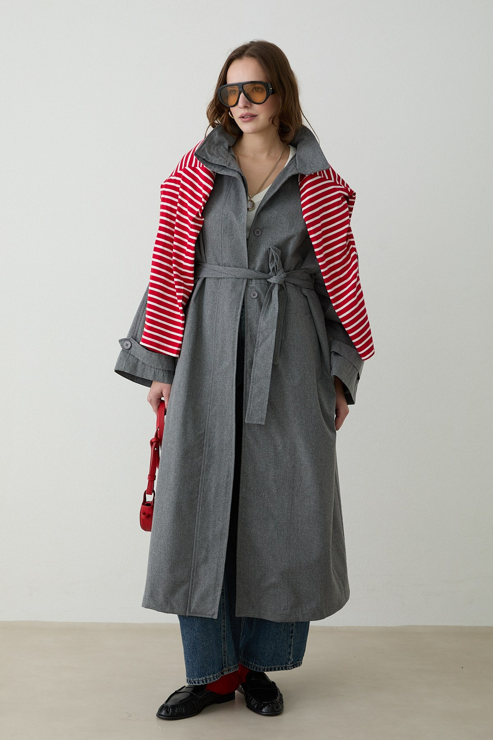 Kuşaklı Oversize Trençkot - Gri