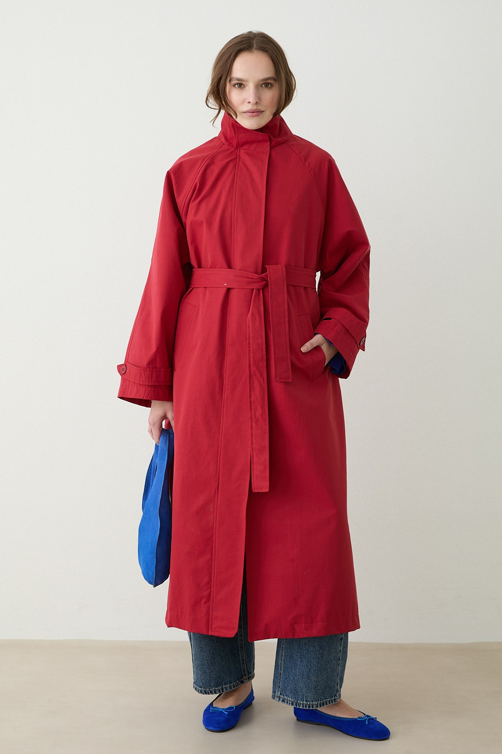 Kuşaklı Oversize Trençkot - Kırmızı