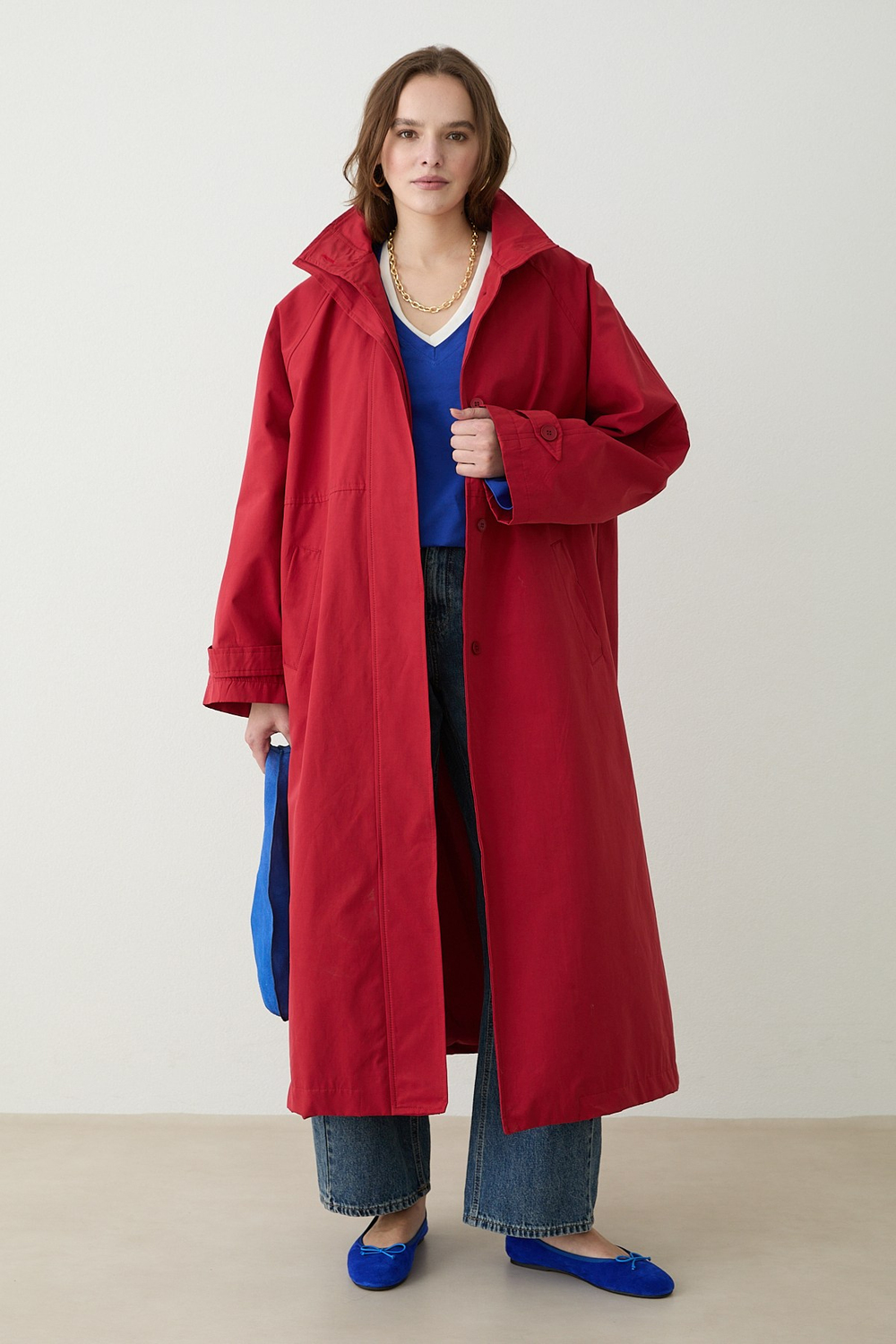 Kuşaklı Oversize Trençkot - Kırmızı