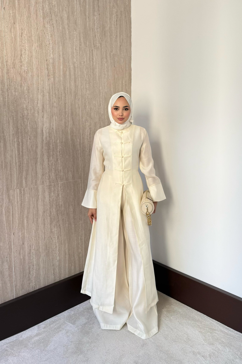 Mandarin Yakalı Pantolonlu Takım - Krem