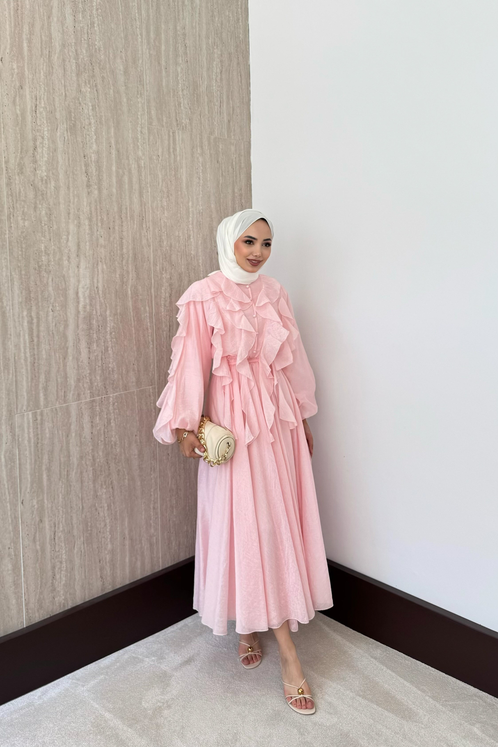 Mary Fırfırlı Vual Elbise - Pembe