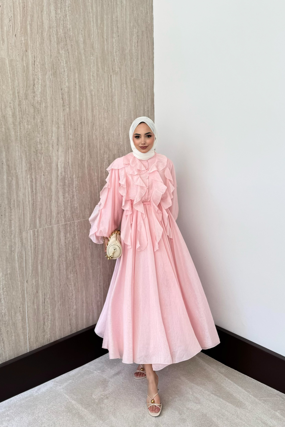 Mary Fırfırlı Vual Elbise - Pembe