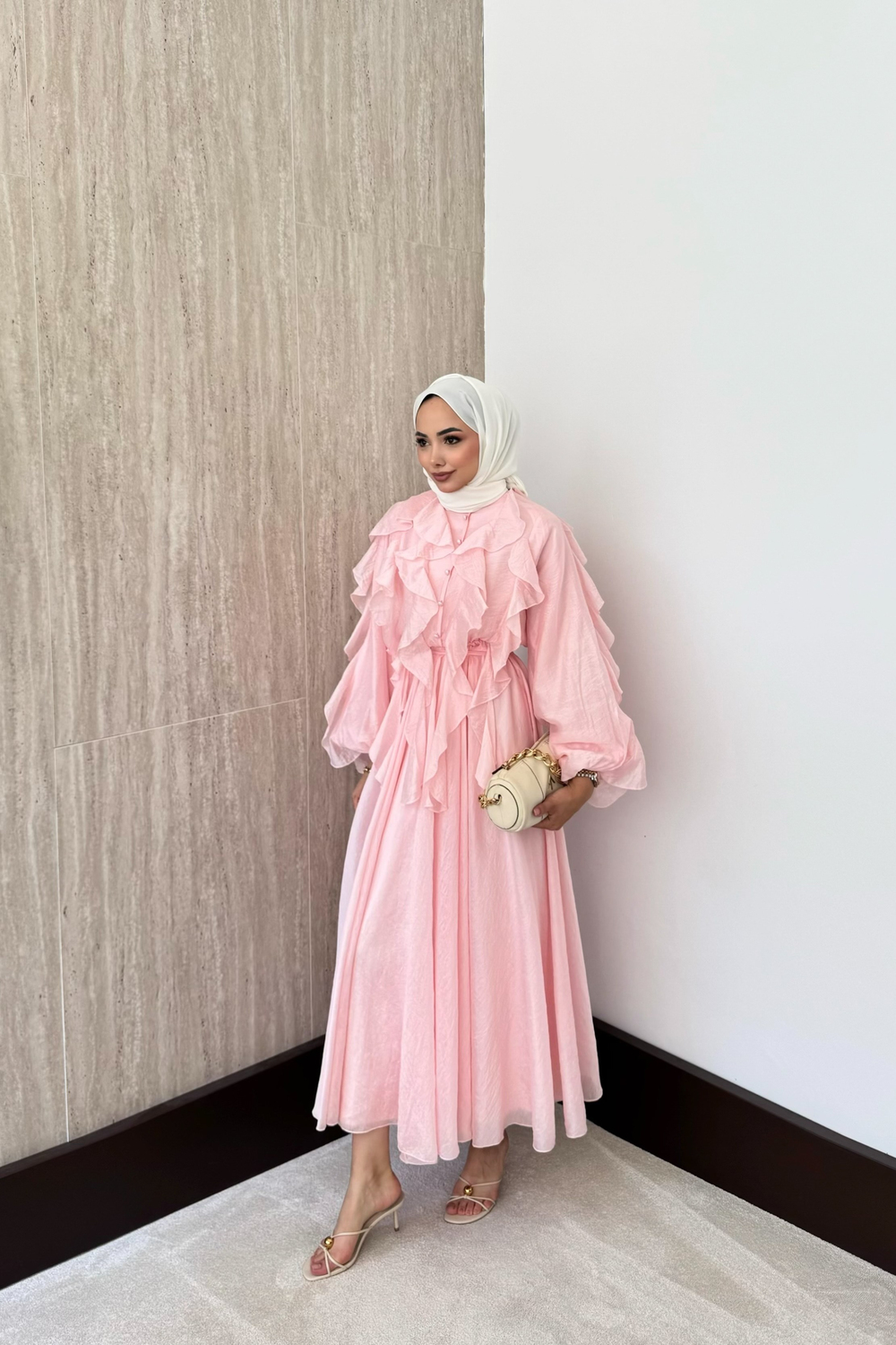 Mary Fırfırlı Vual Elbise - Pembe