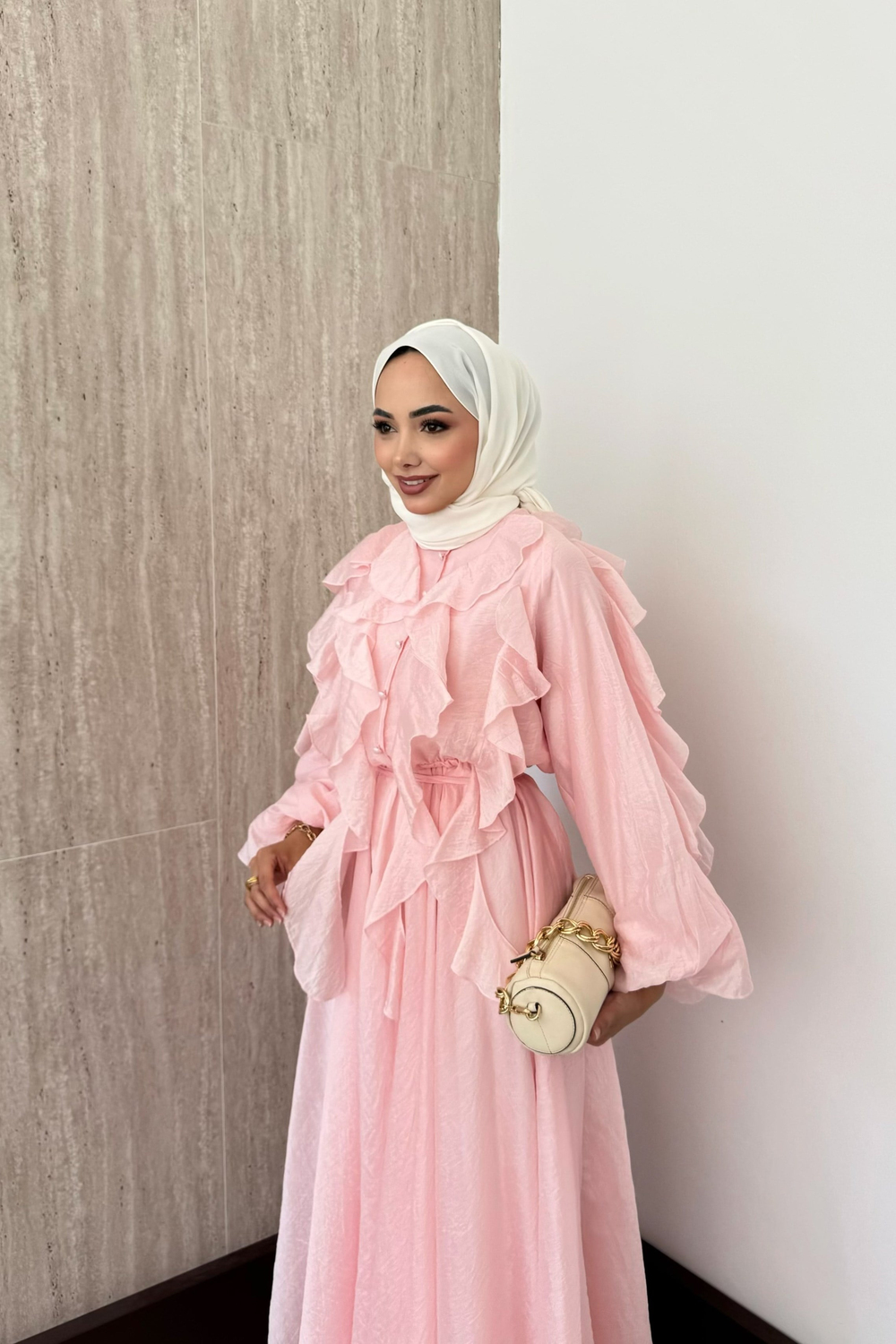 Mary Fırfırlı Vual Elbise - Pembe