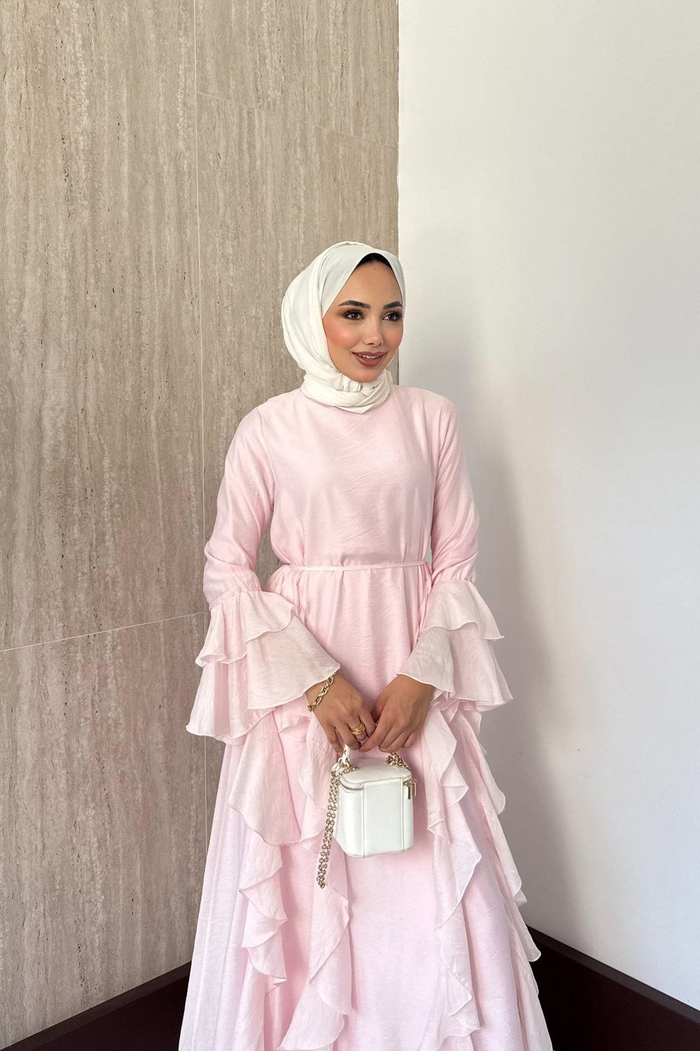 Merlio Fırfırlı Vual Elbise - Pembe