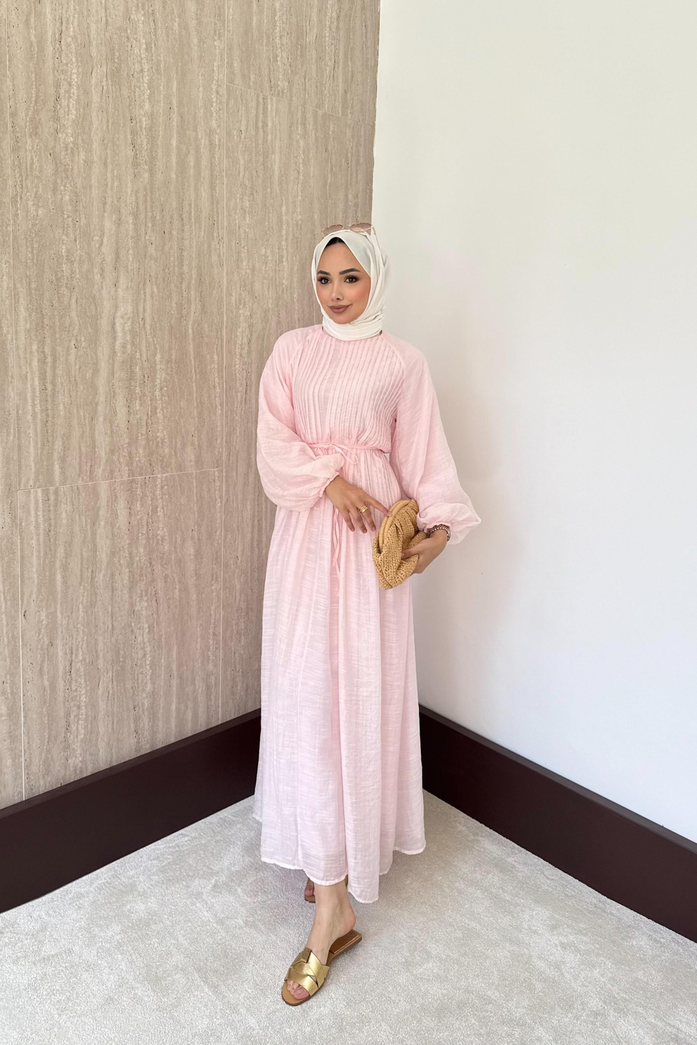 Nervürlü Vual Elbise - Pembe