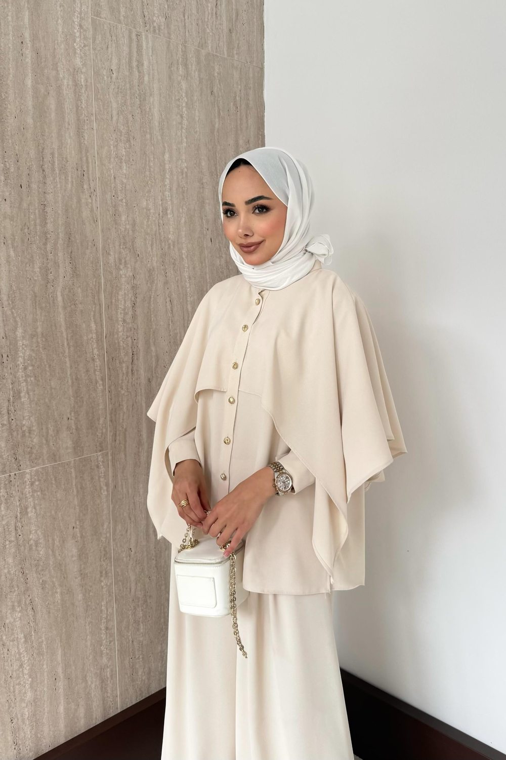 Olivia Pelerinli Pantolonlu Takım - Taş