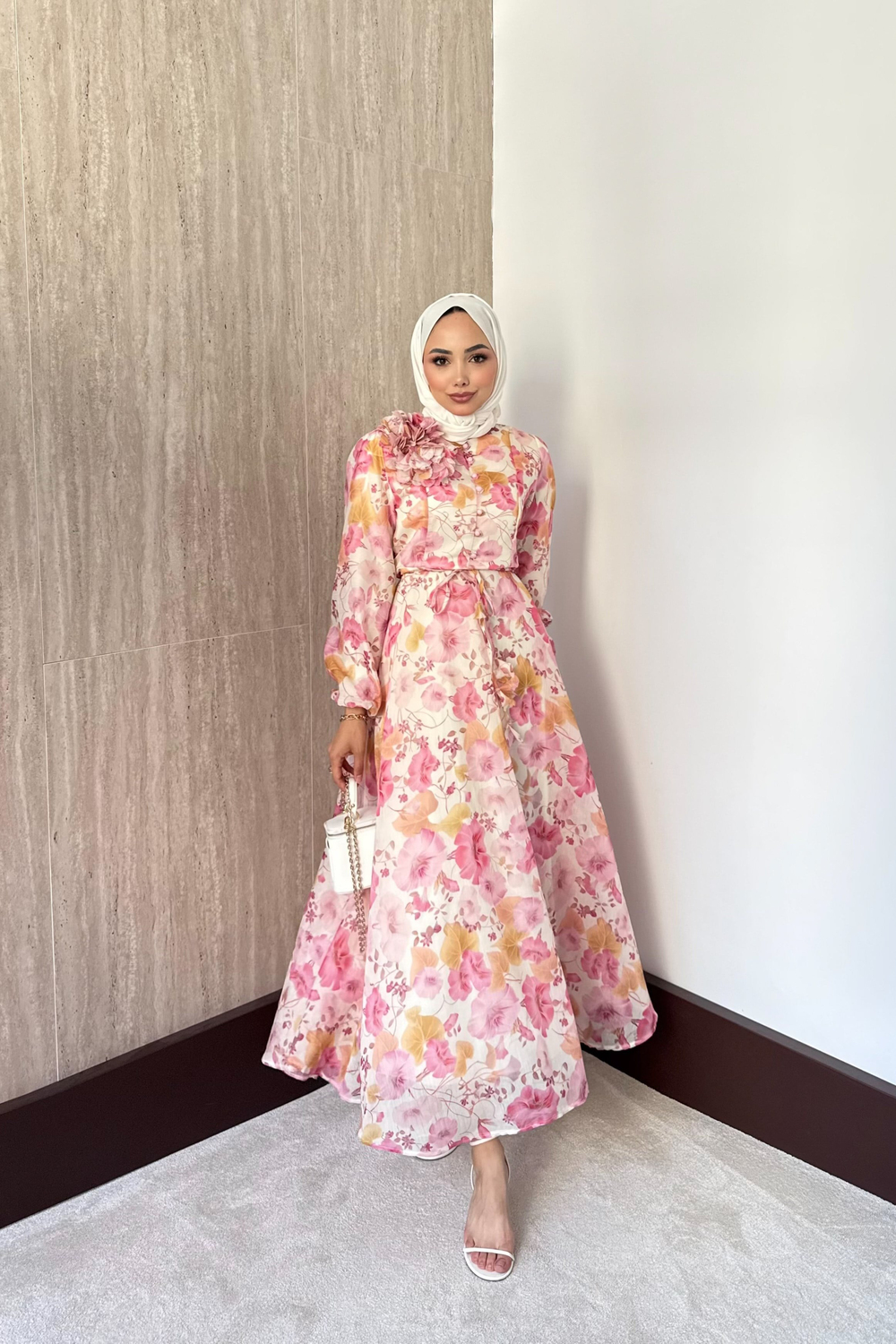 Omuz Çiçekli Desenli Elbise - Pembe
