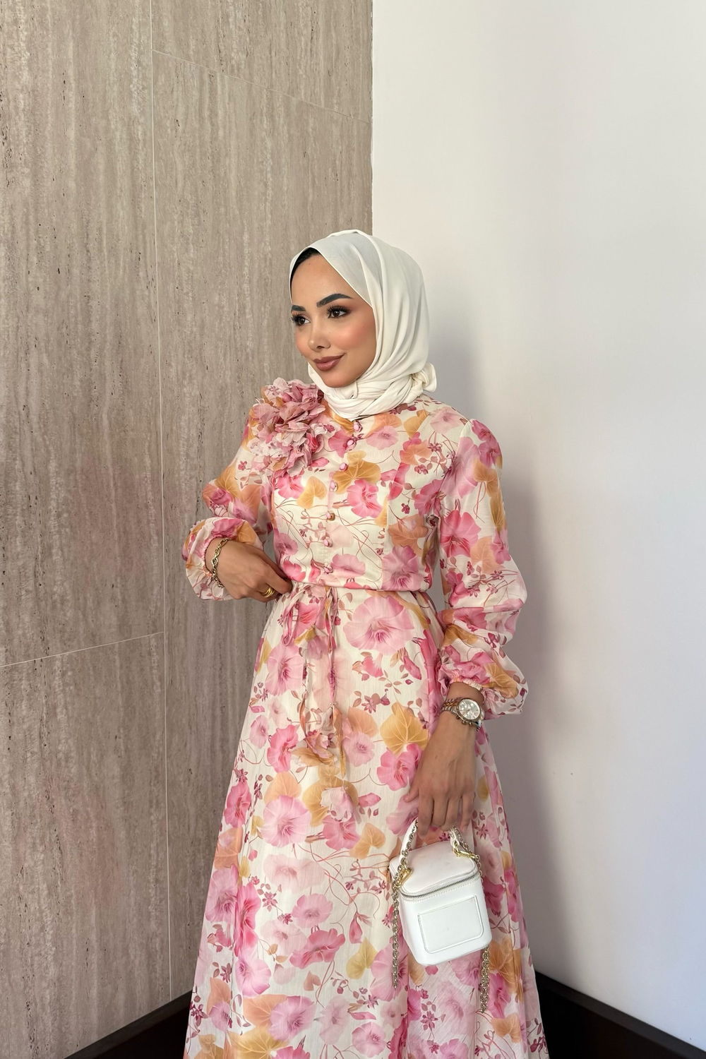 Omuz Çiçekli Desenli Elbise - Pembe