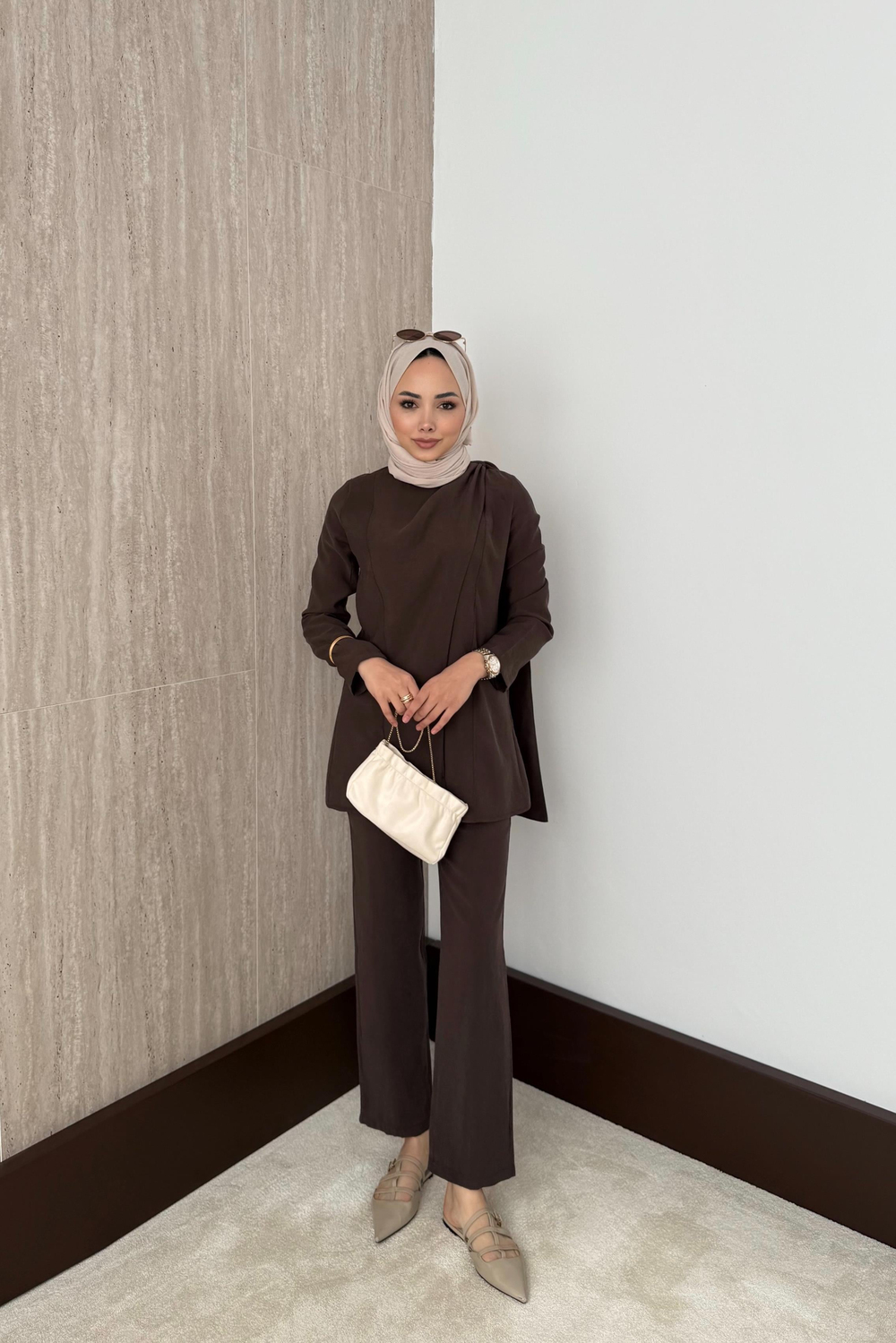 Pelerinli Modal Pantolonlu Takım - Kahve