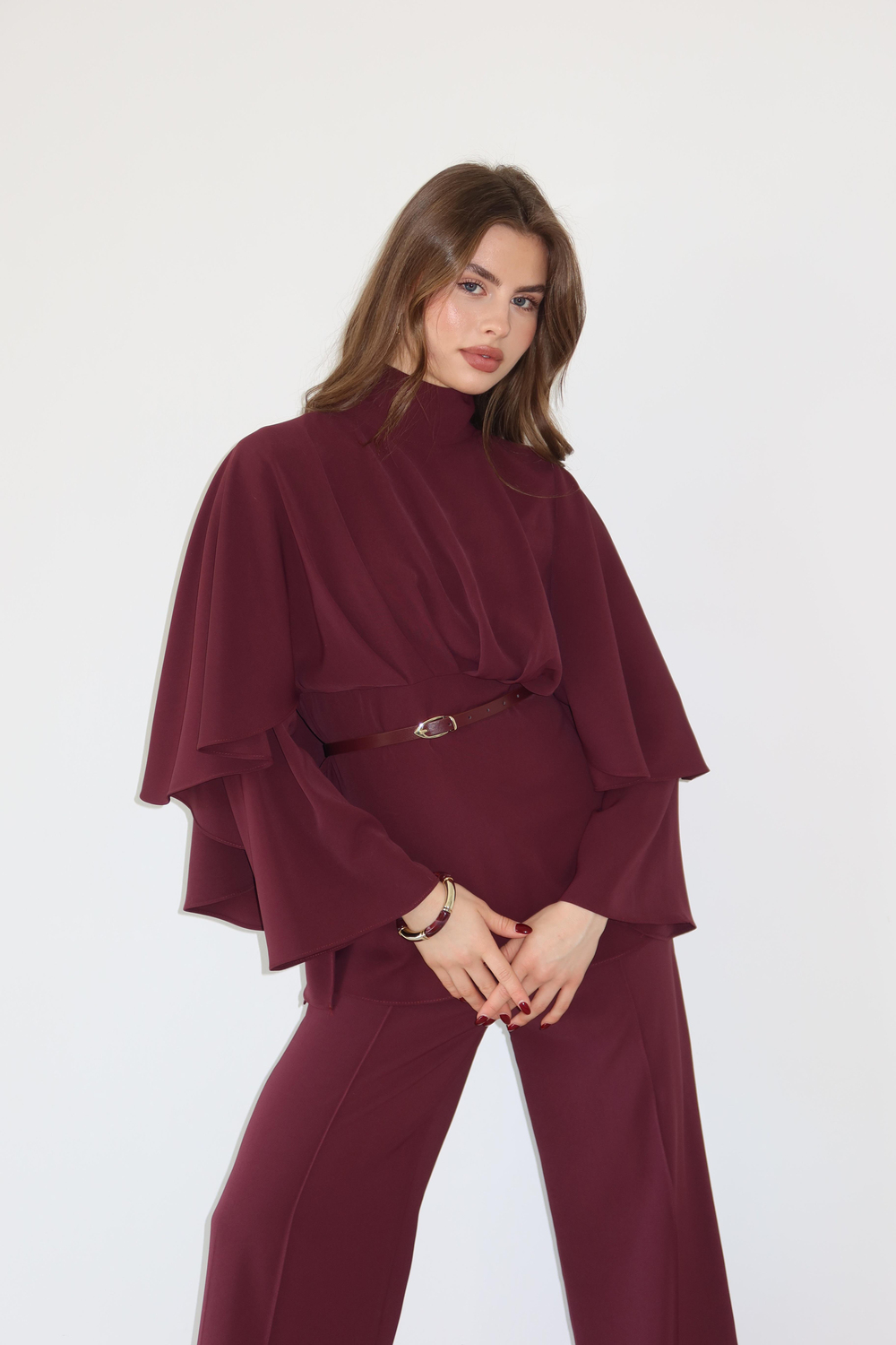 Pelerinli Pantolonlu Takım - Bordo