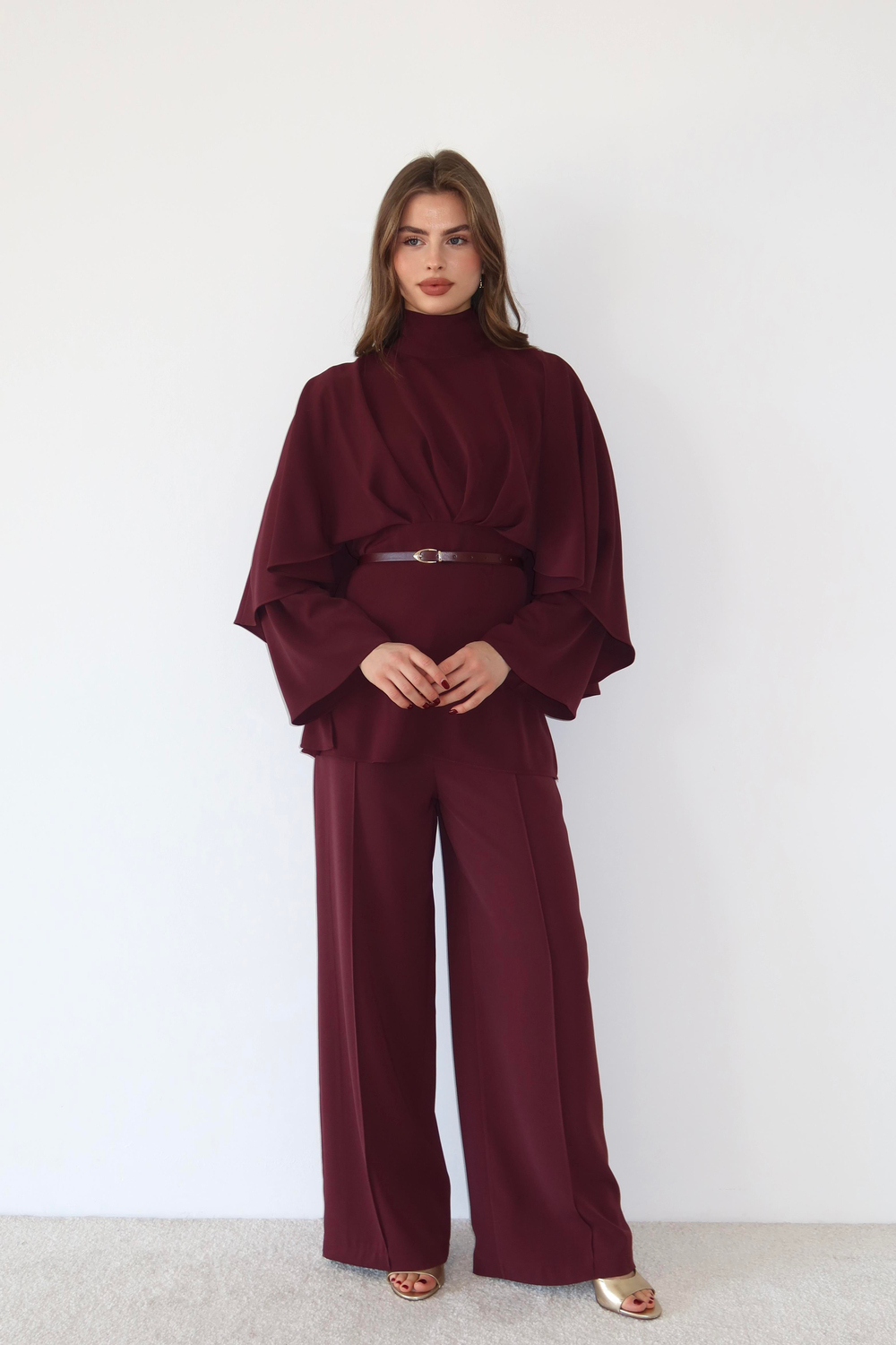 Pelerinli Pantolonlu Takım - Bordo