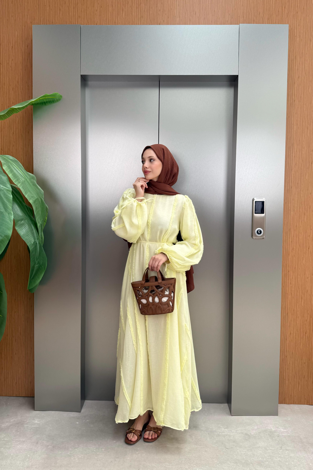 Plush Striped Linen Dress - Yellow