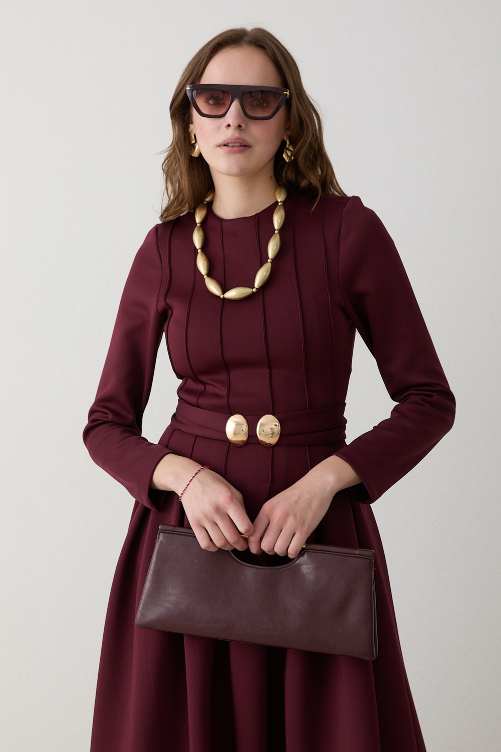 Pileli Scuba Elbise - Bordo