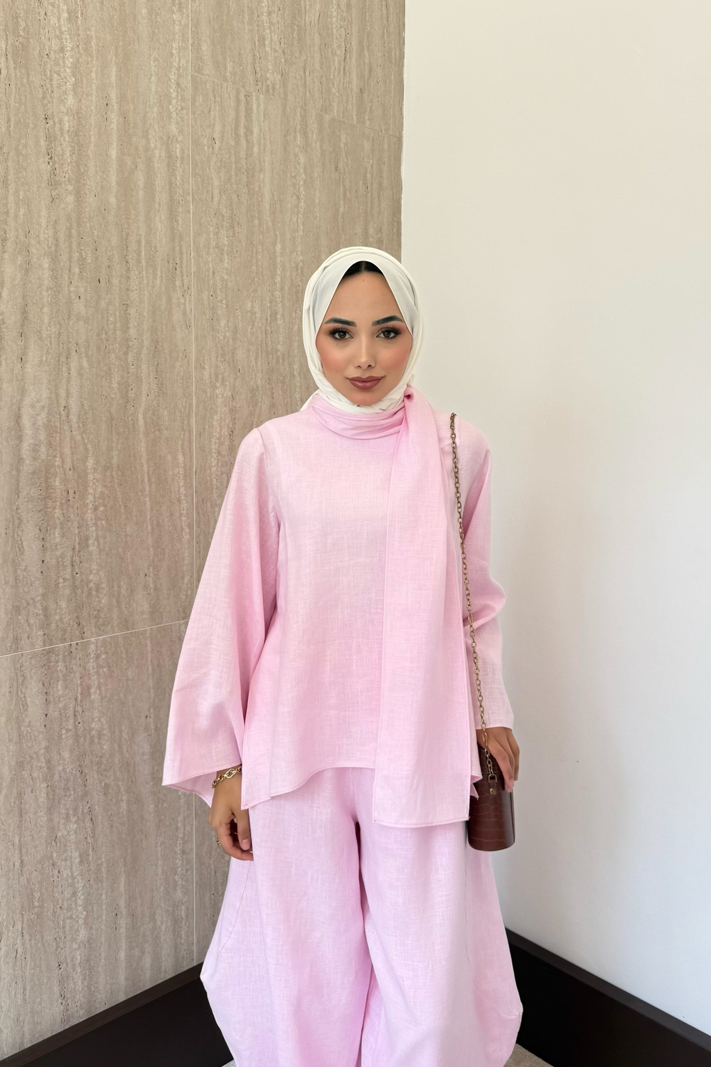 Şal Yaka Keten Takım - Pembe