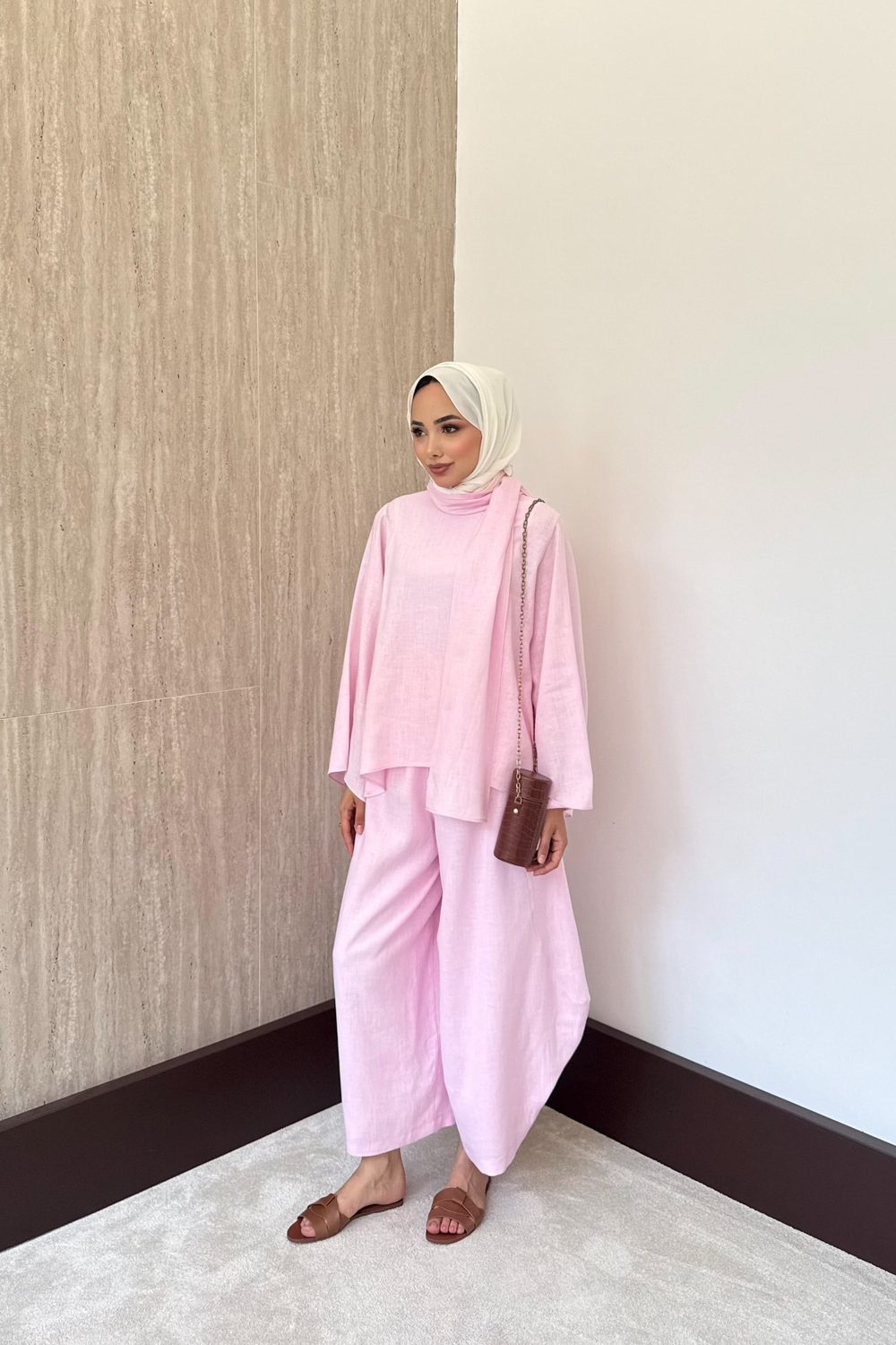 Şal Yaka Keten Takım - Pembe