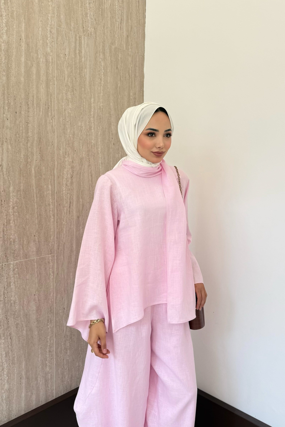 Şal Yaka Keten Takım - Pembe