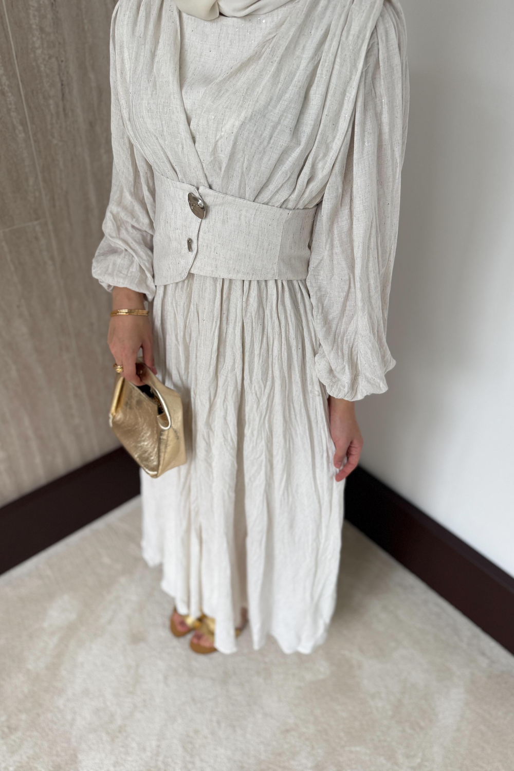 Simli Kraşlı Elbise - Ekru