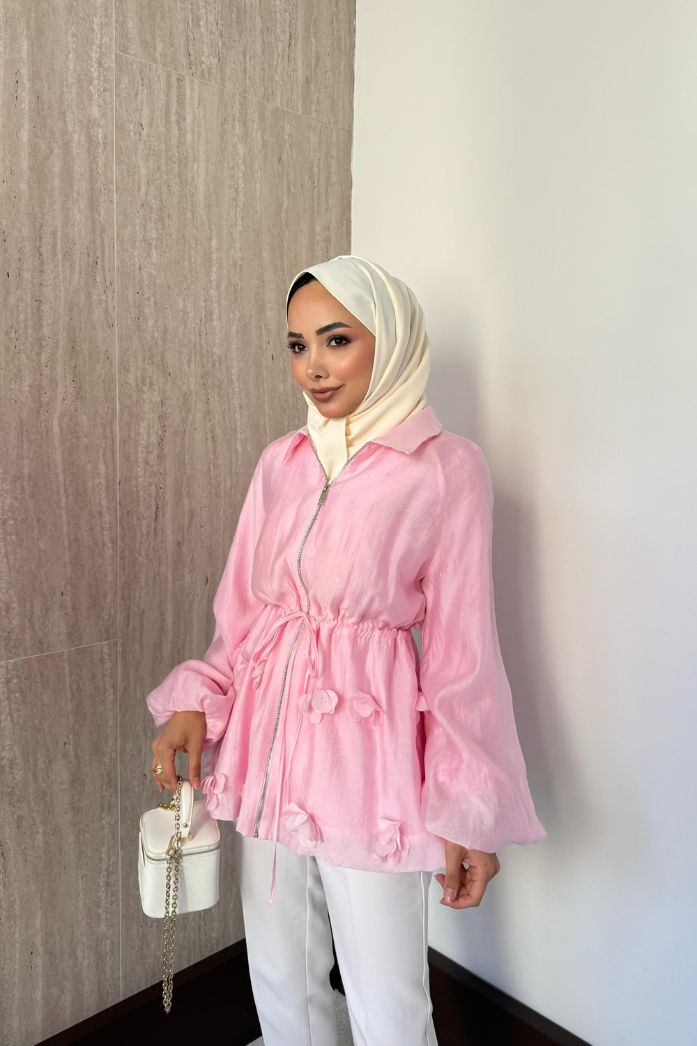 Simli Vual Ceket - Pembe
