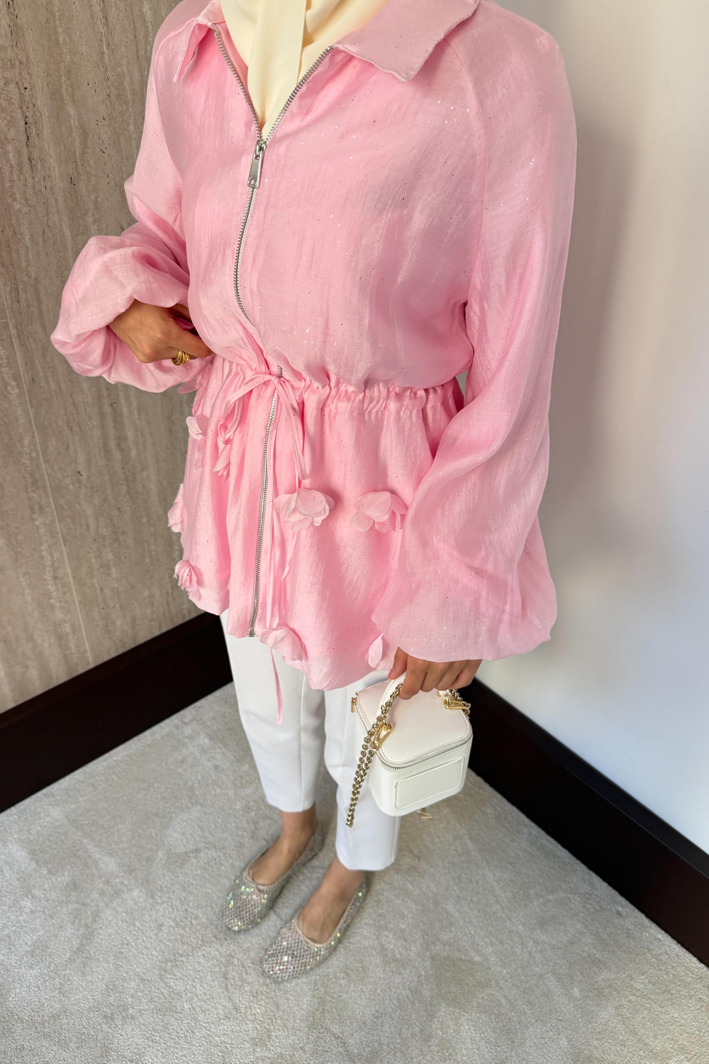 Simli Vual Ceket - Pembe