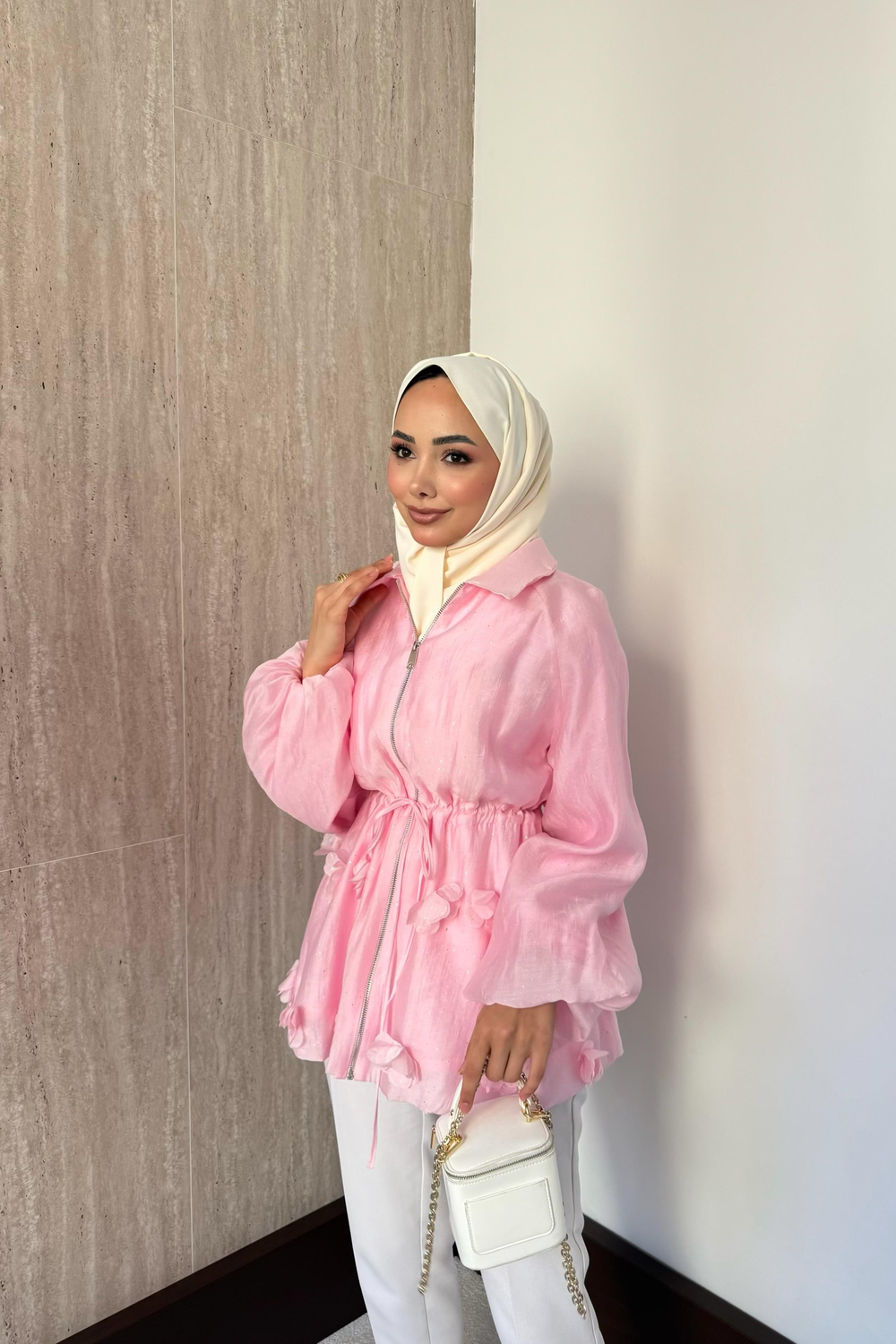 Simli Vual Ceket - Pembe