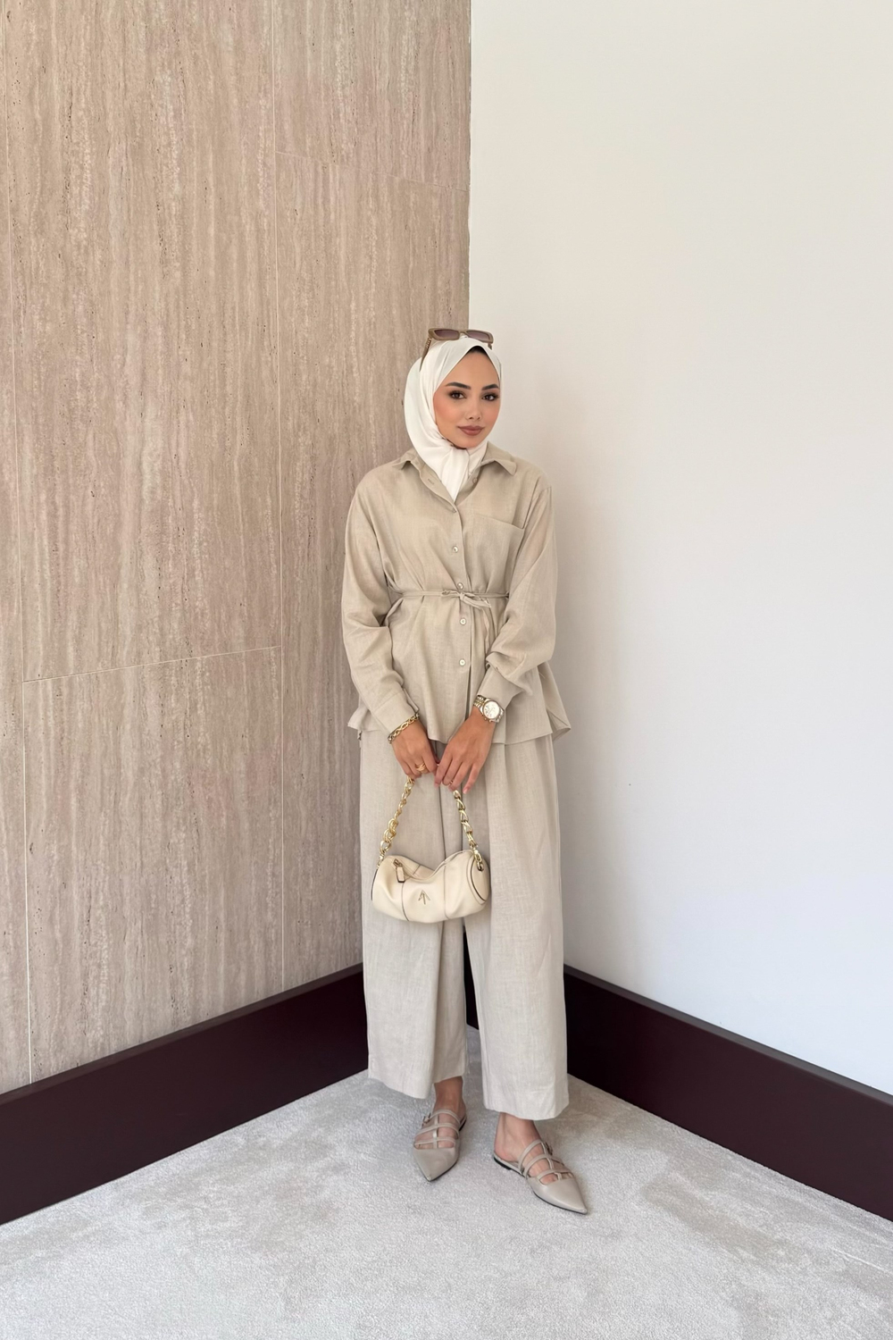 Sophia Keten Pantolonlu Takım - Bej