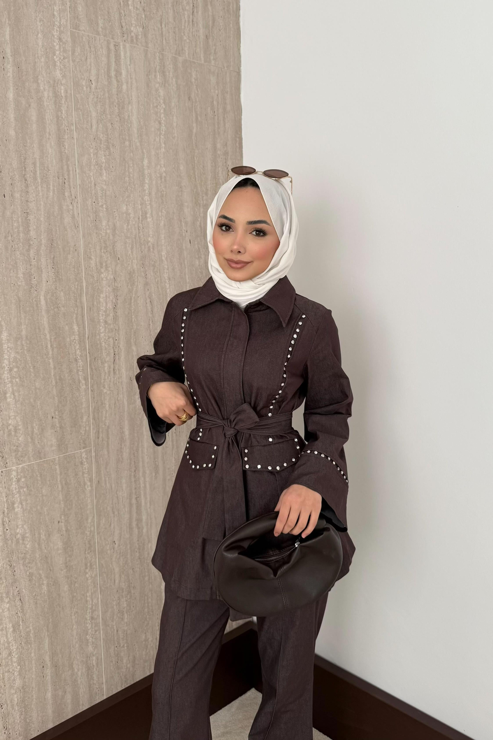 Taşlı Kot Pantolonlu Takım - Kahve