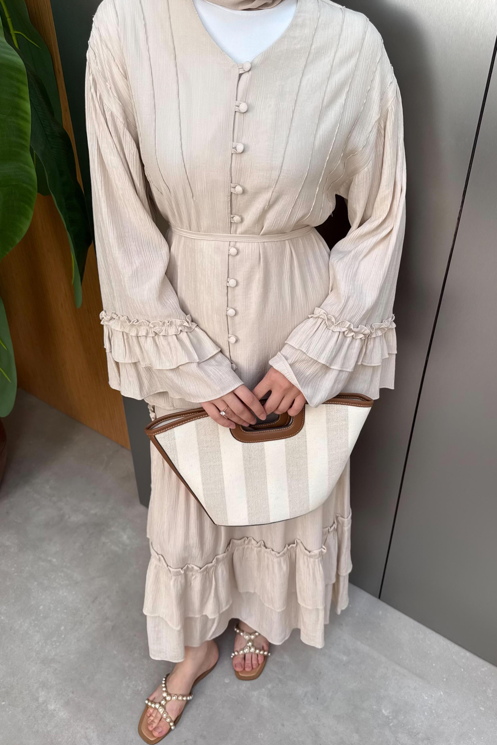 V-Neck Buttoned Dress - Beige