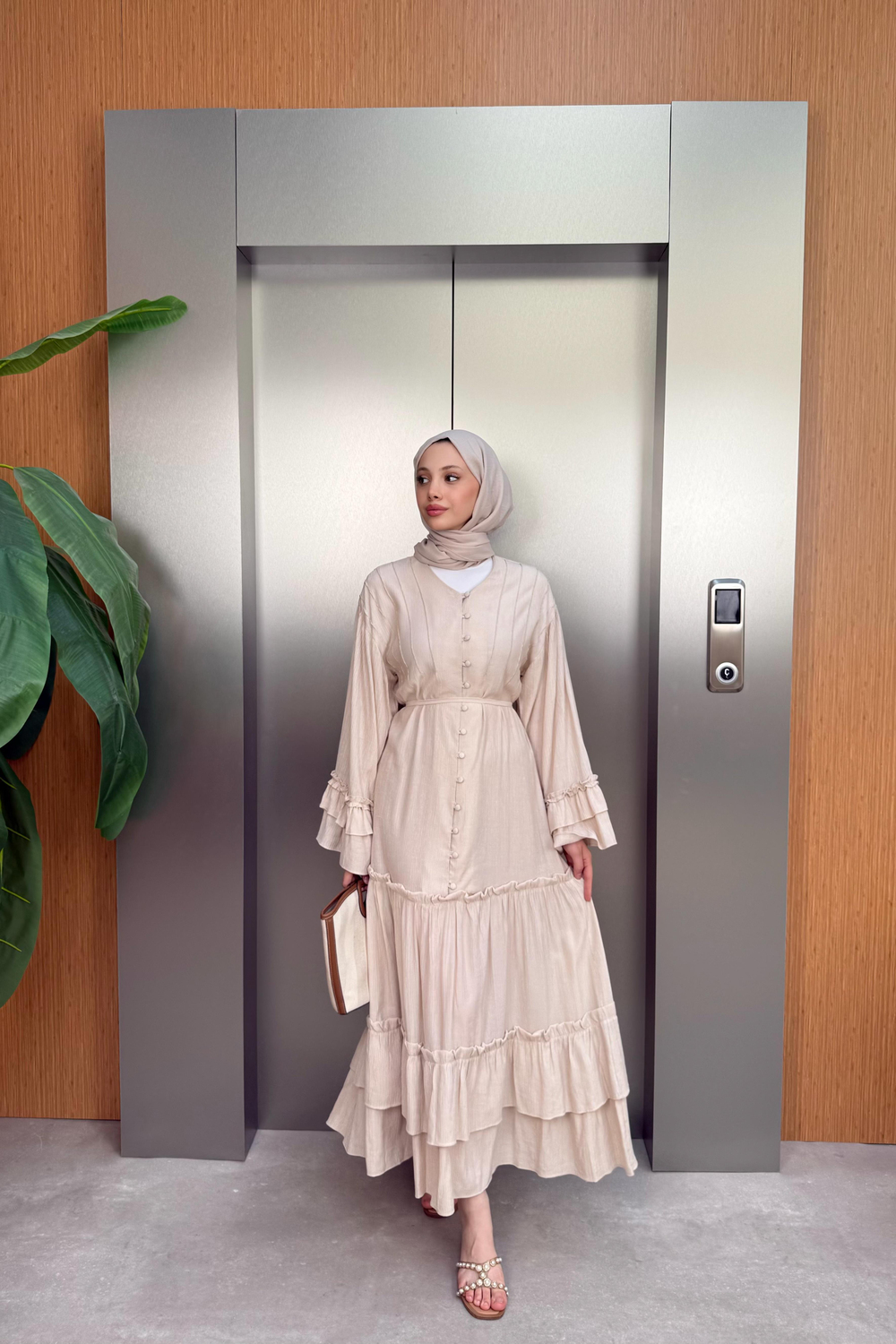 V-Neck Buttoned Dress - Beige