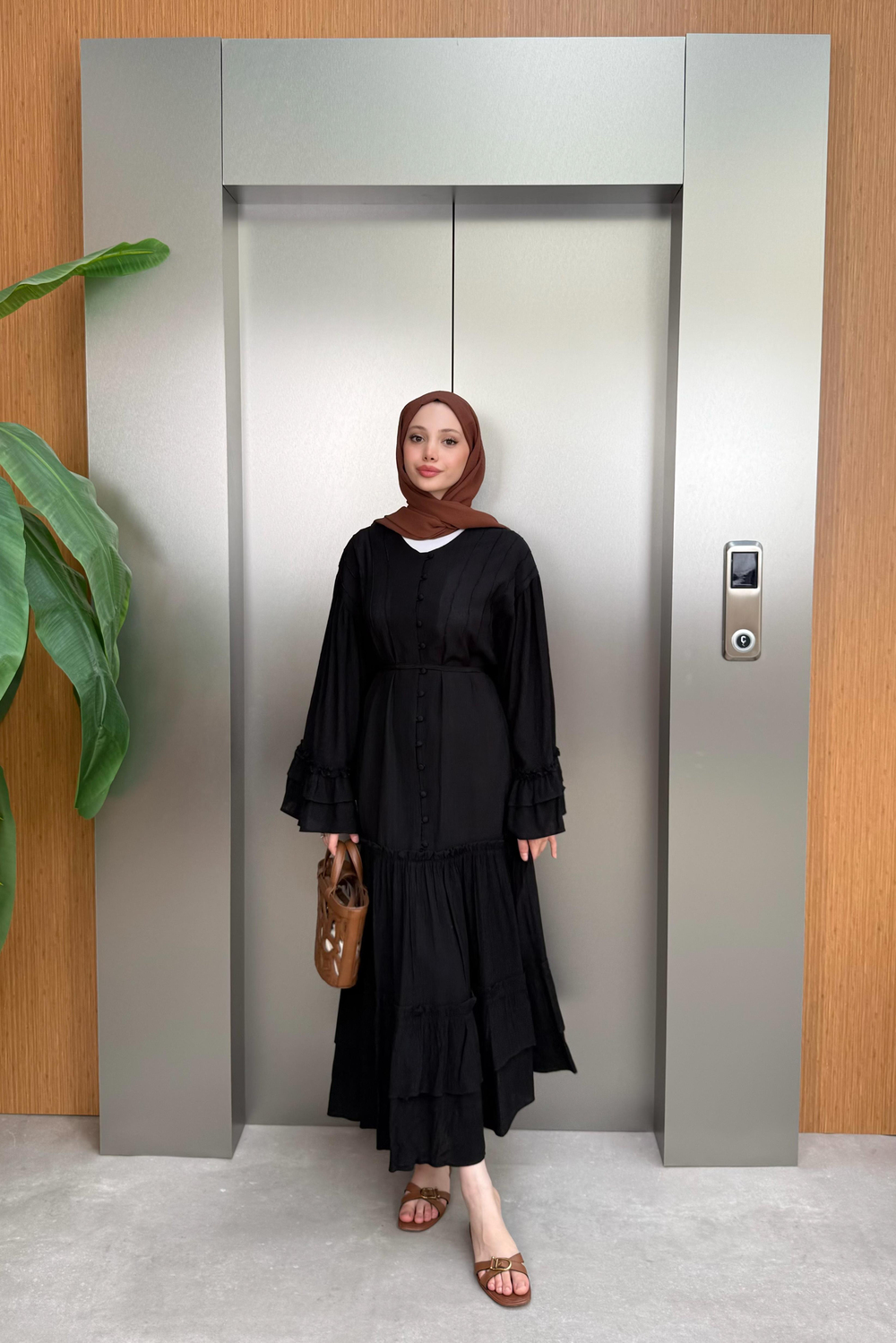 V-Neck Buttoned Dress - Black