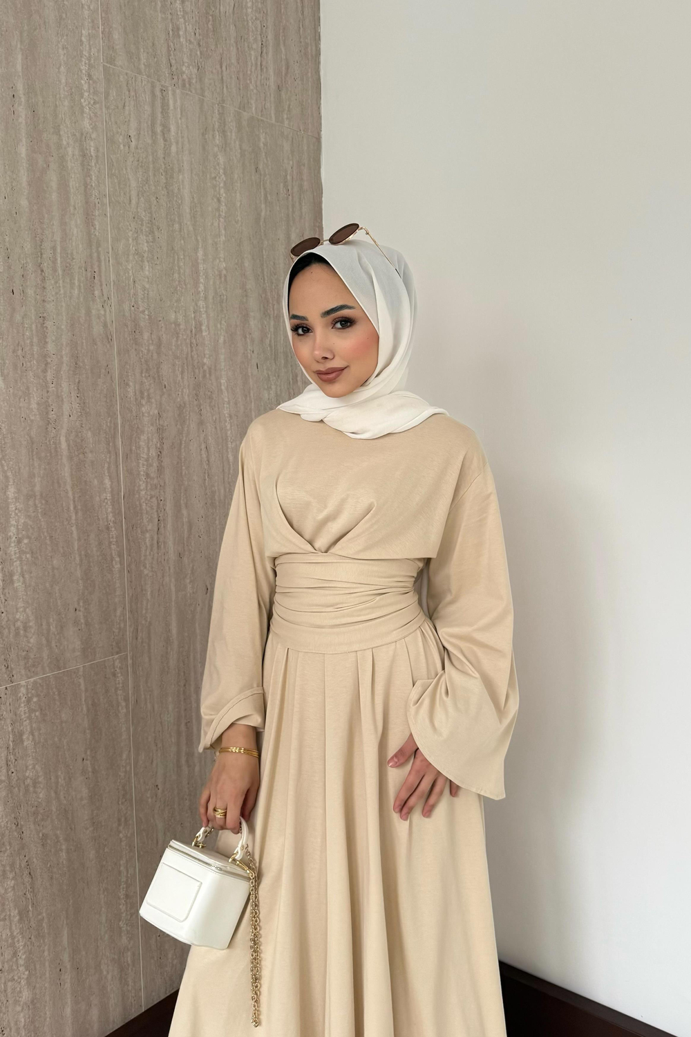 Vera Bağlamalı Elbise - Bej
