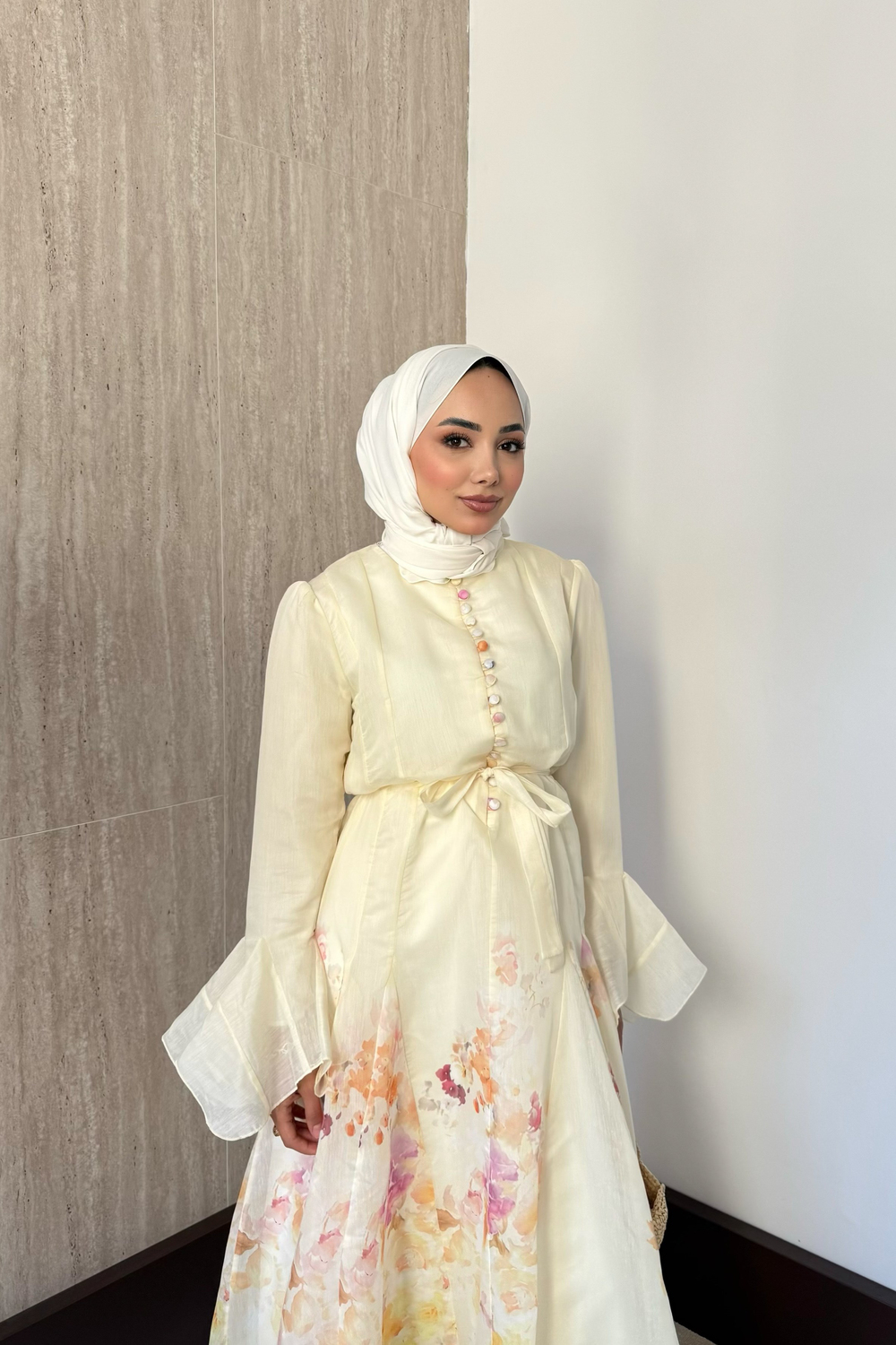 Volan Kol Çiçek Desenli Elbise - Sarı