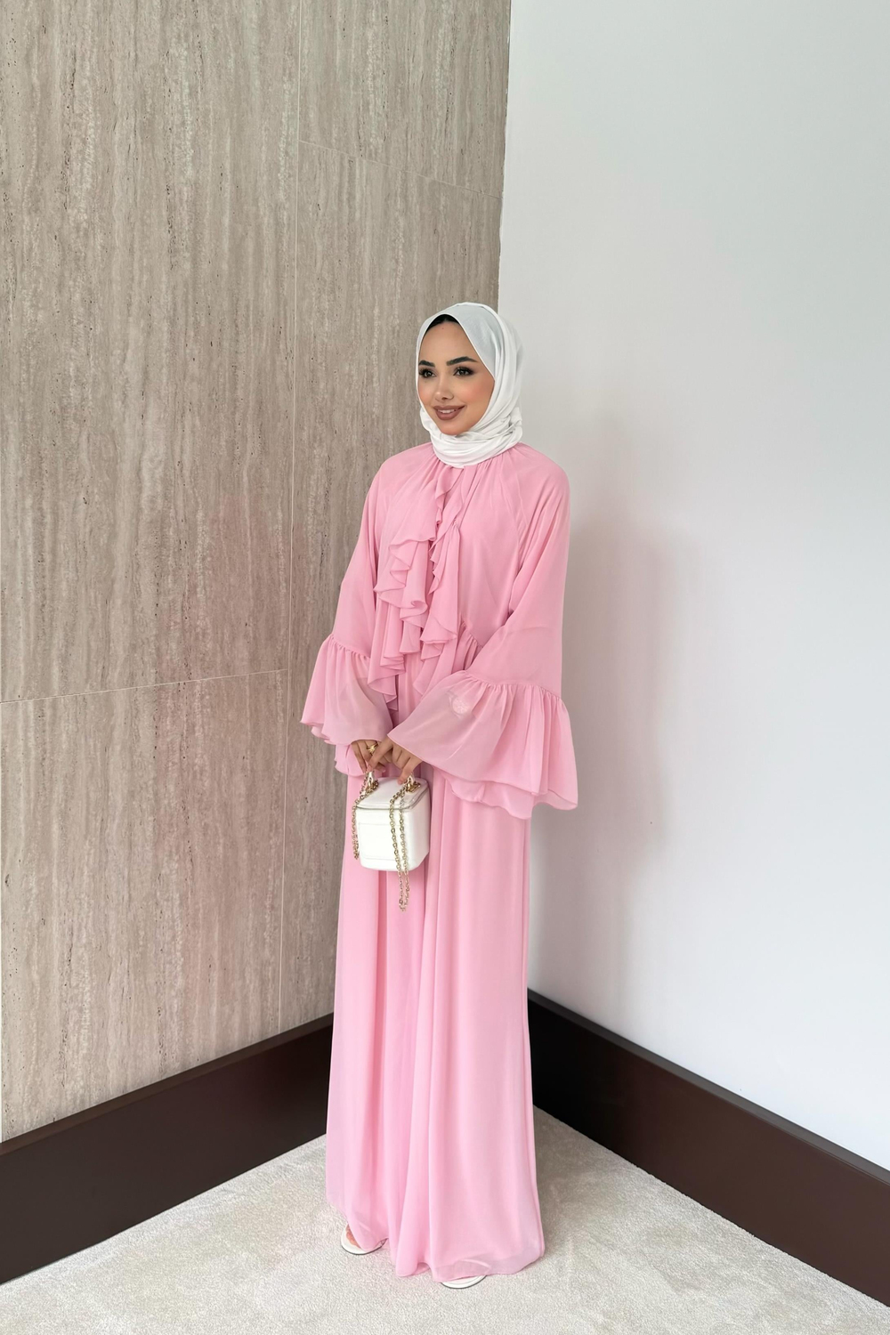 Volan Kol Fırfırlı Şifon Pantolonlu Takım - Pembe