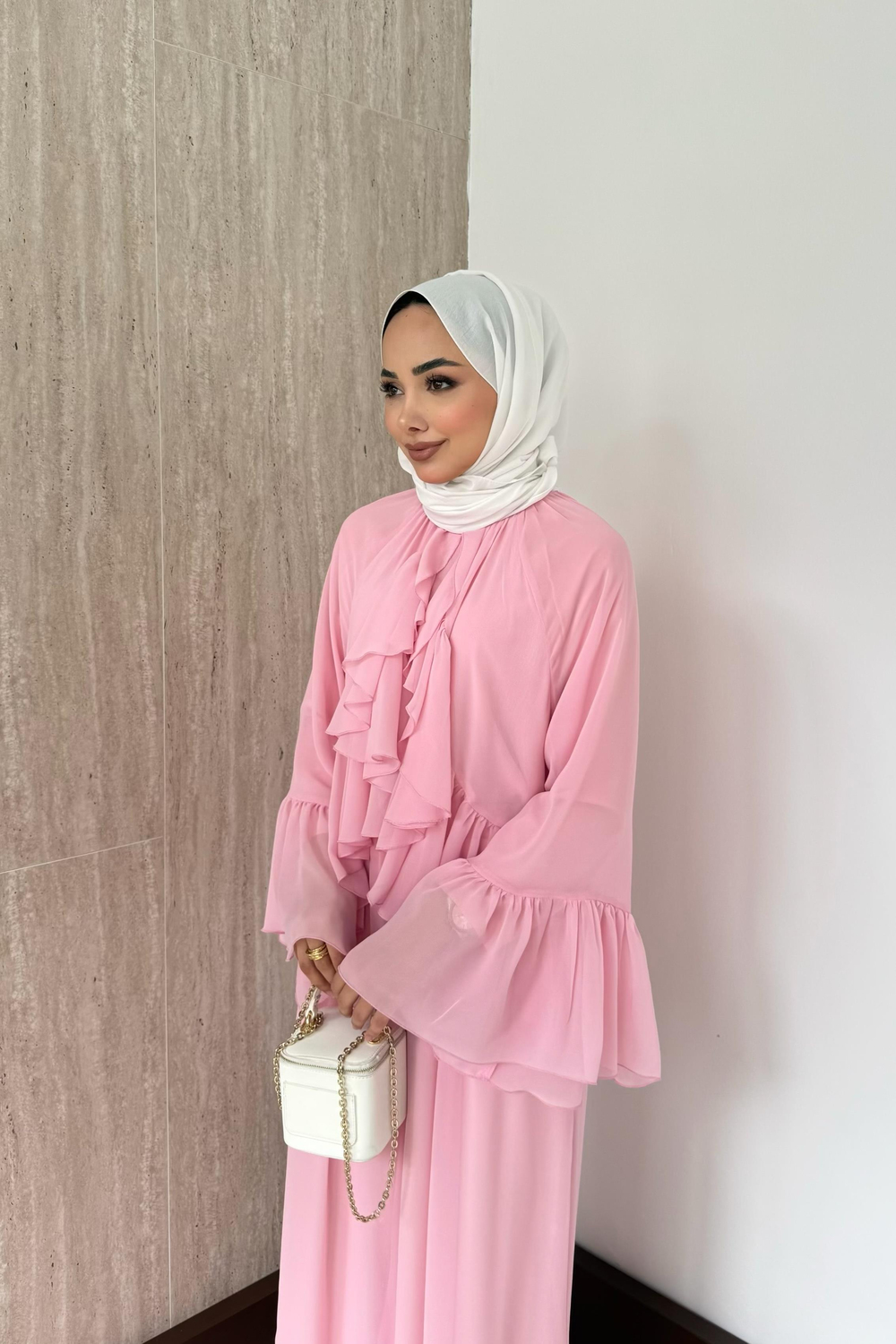 Volan Kol Fırfırlı Şifon Pantolonlu Takım - Pembe
