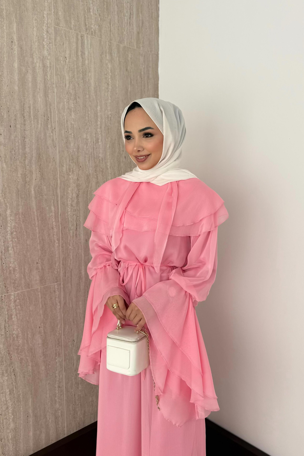 Volan Kol Şifon Pantolonlu Takım - Pembe