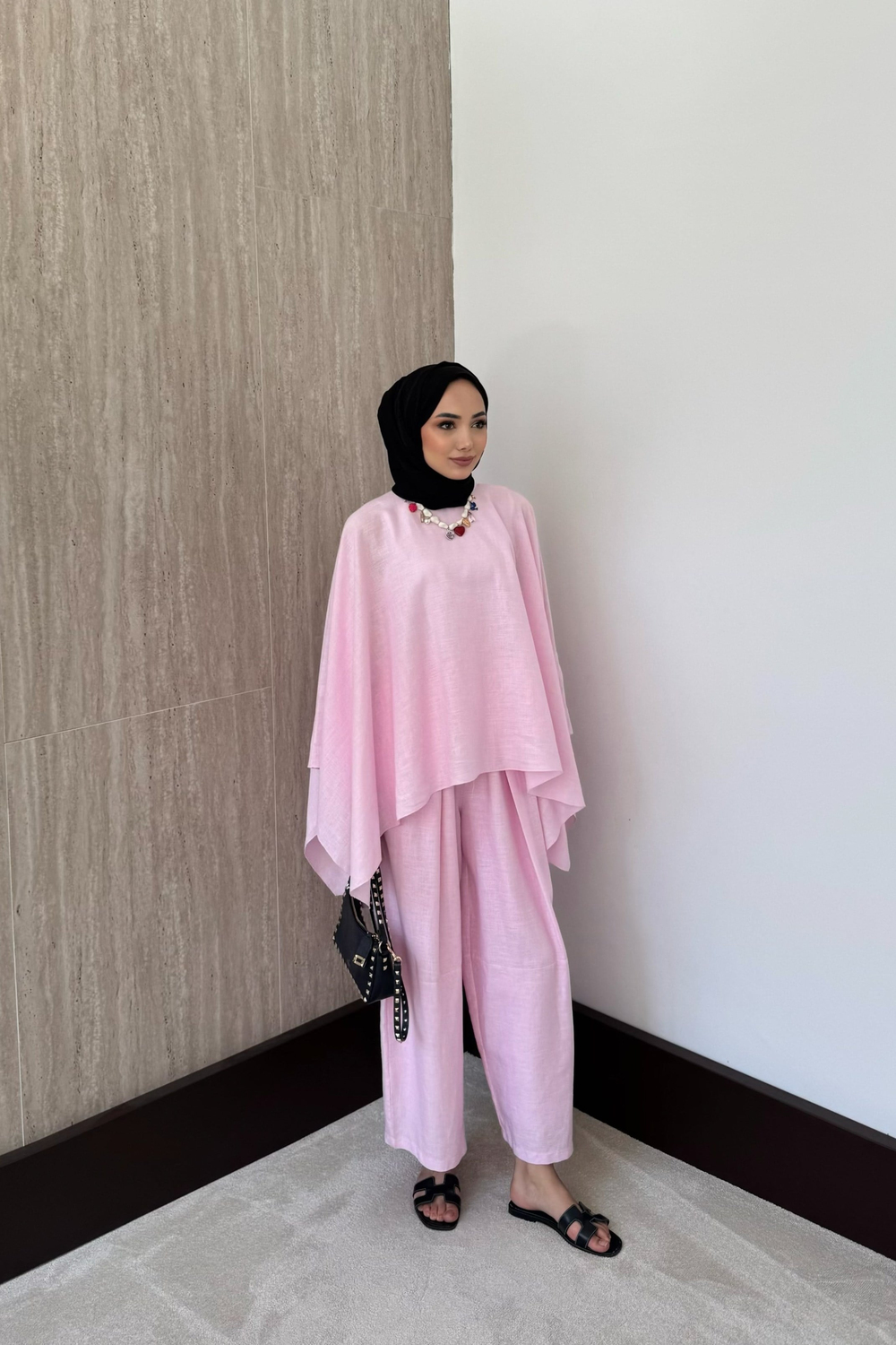 Yarasa Kol Keten Pantolonlu Takım - Pembe