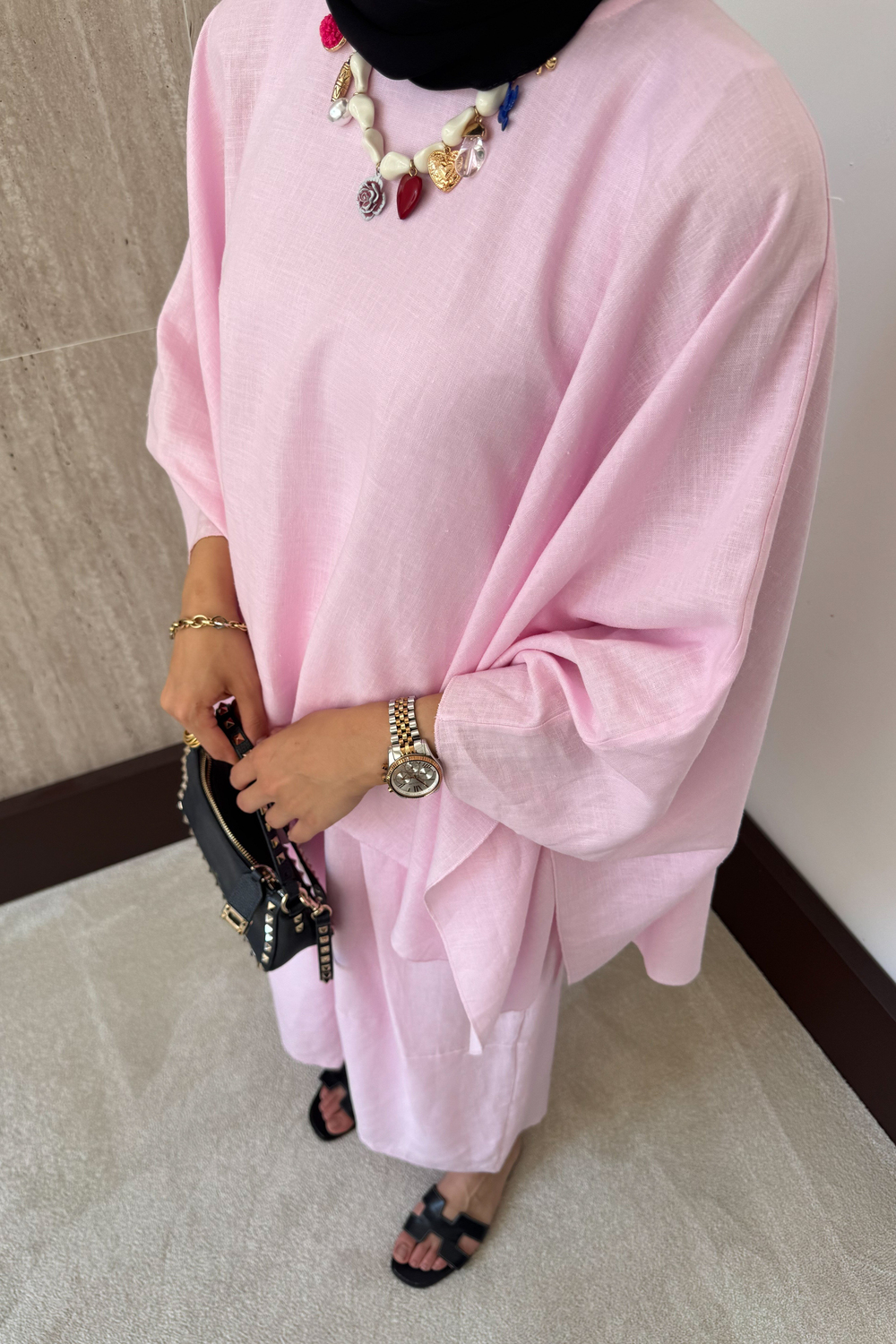 Yarasa Kol Keten Pantolonlu Takım - Pembe
