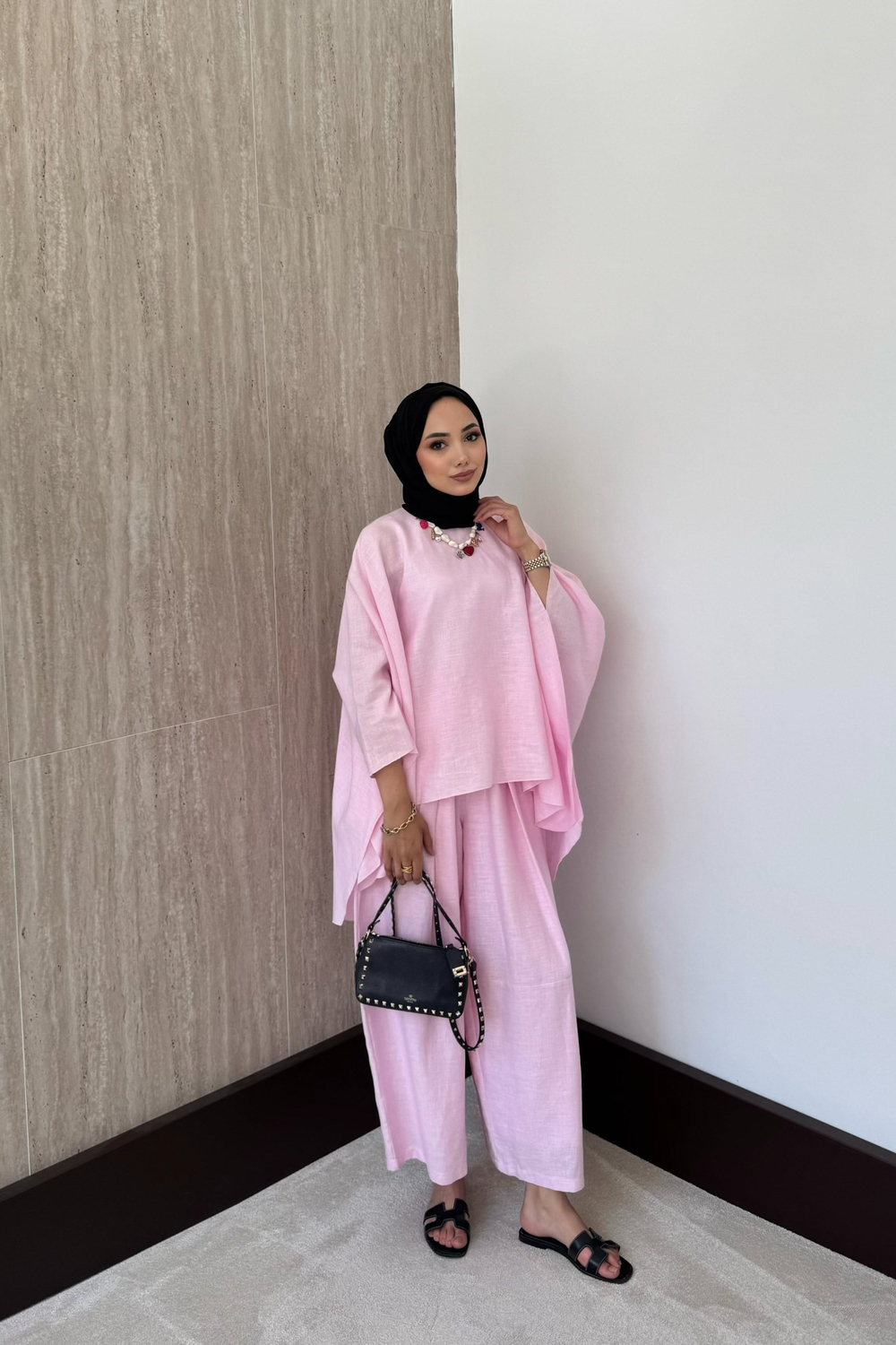 Yarasa Kol Keten Pantolonlu Takım - Pembe