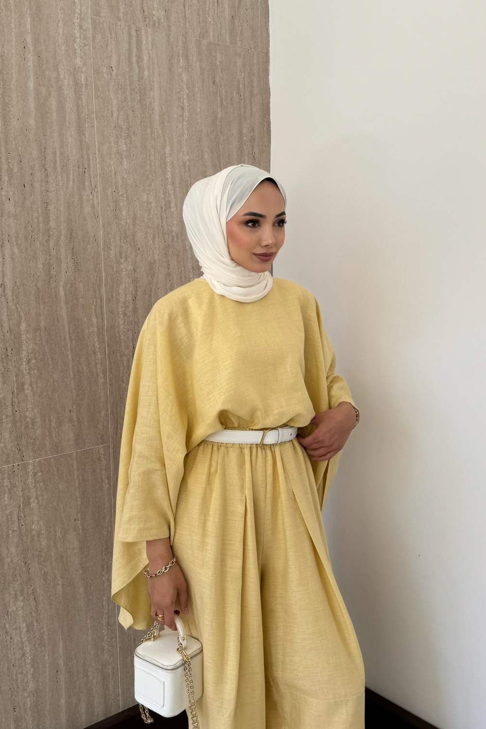 Yarasa Kol Keten Pantolonlu Takım - Sarı
