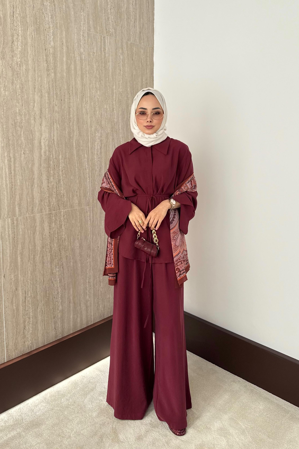 Yırtmaç Kol Modal Pantolonlu Takım - Bordo