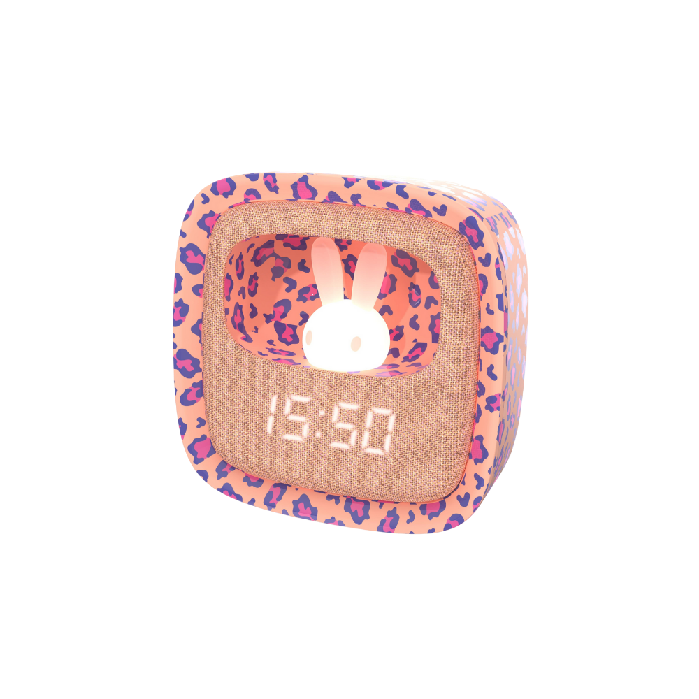 Mob Pembe Leopar Desenli Tavşan Masaüstü Saati ve Gece Lambası