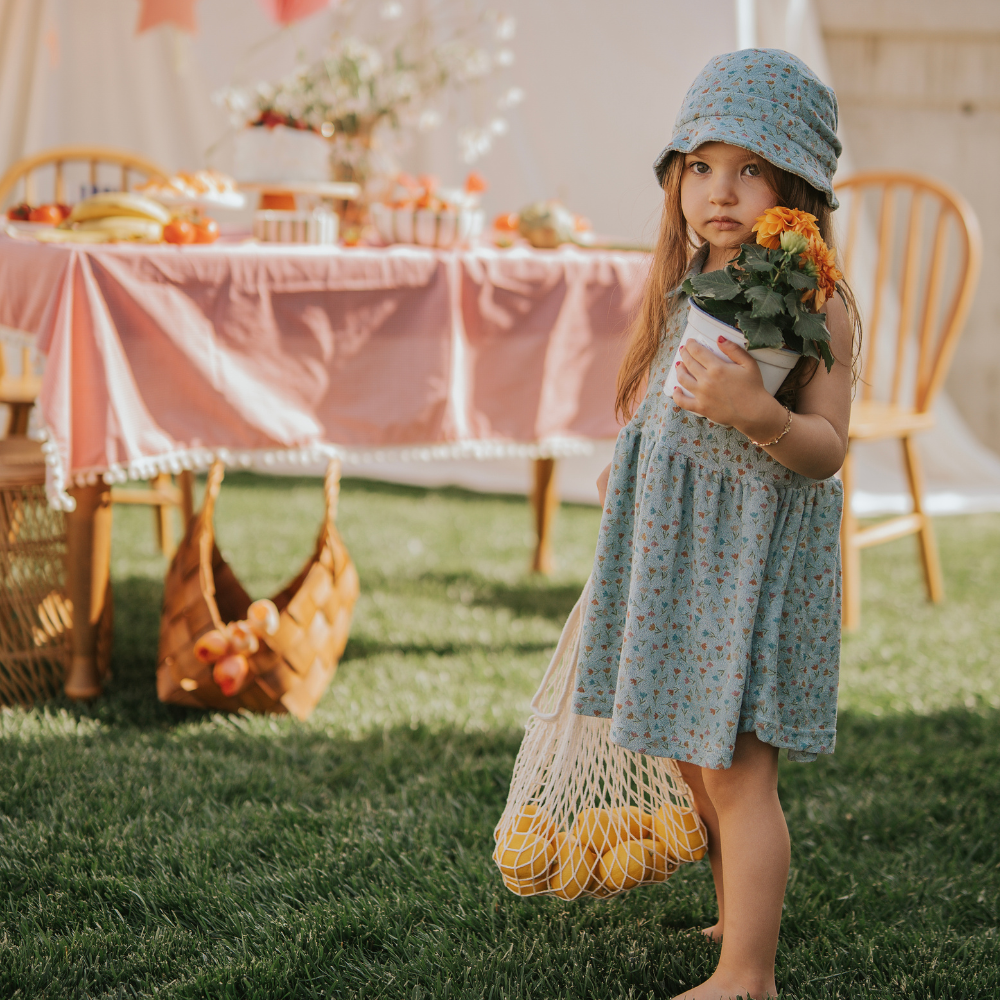 Kiraz Kids Yaka Detaylı Havlu Kumaş Lale Desenli Mavi Renk Elbise