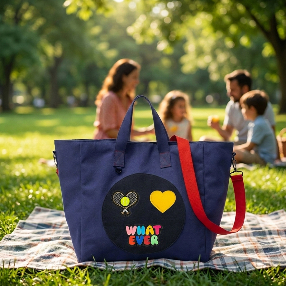 JantiFox Lacivert Kanvas Tote Bag | Tenis - Kalp - Whatever 