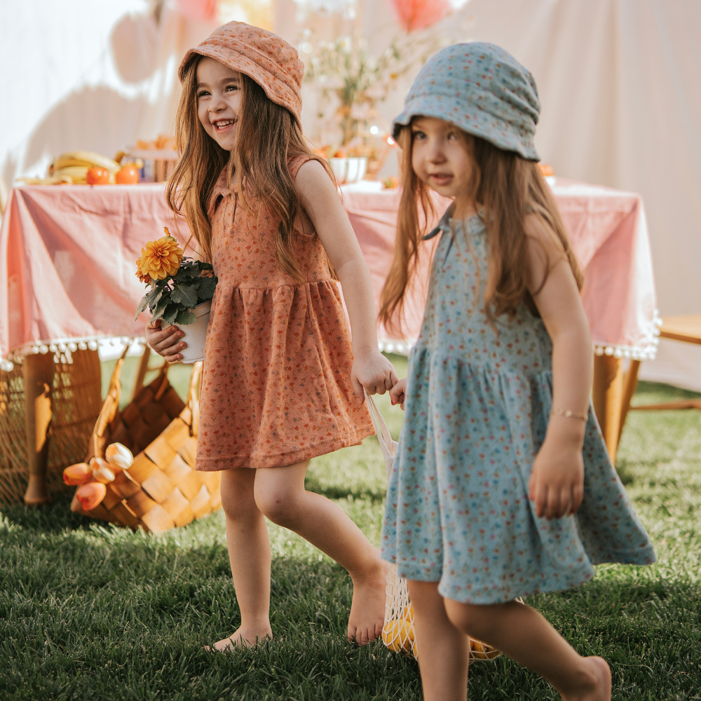 Kiraz Kids Yaka Detaylı Havlu Kumaş Lale Desenli Mavi Renk Elbise