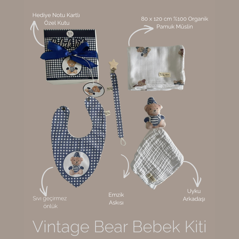 Asu Baby Vintage Bear Lacivert Organik Pamuk Hediye Bebek Kiti